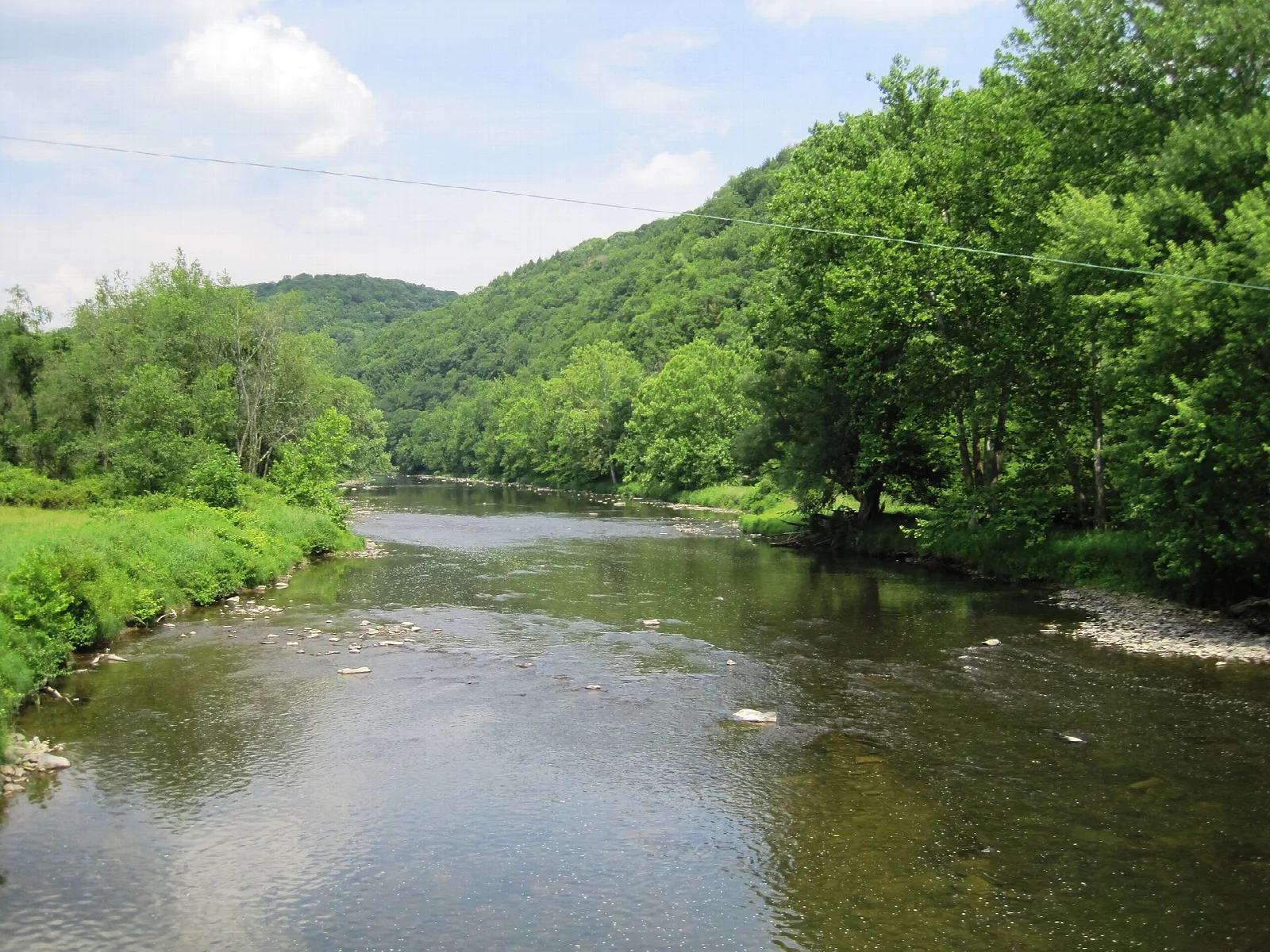 Shallow creek bending between green wooded hills