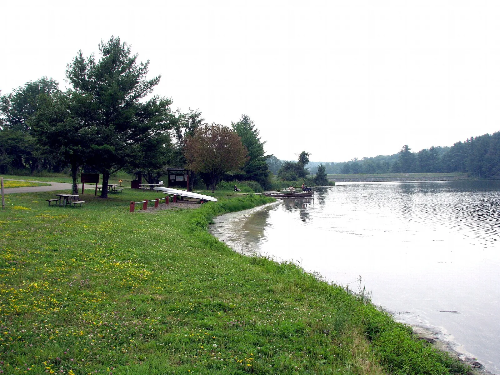 Lake edge with a lawn, picnic area and wooded far shore