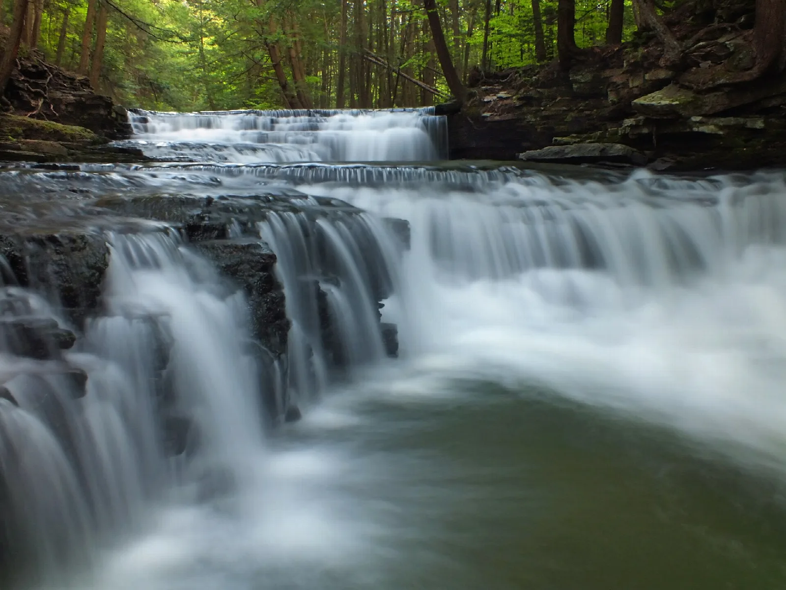 Tiered waterfall flowing over rock ledges in a green gorge