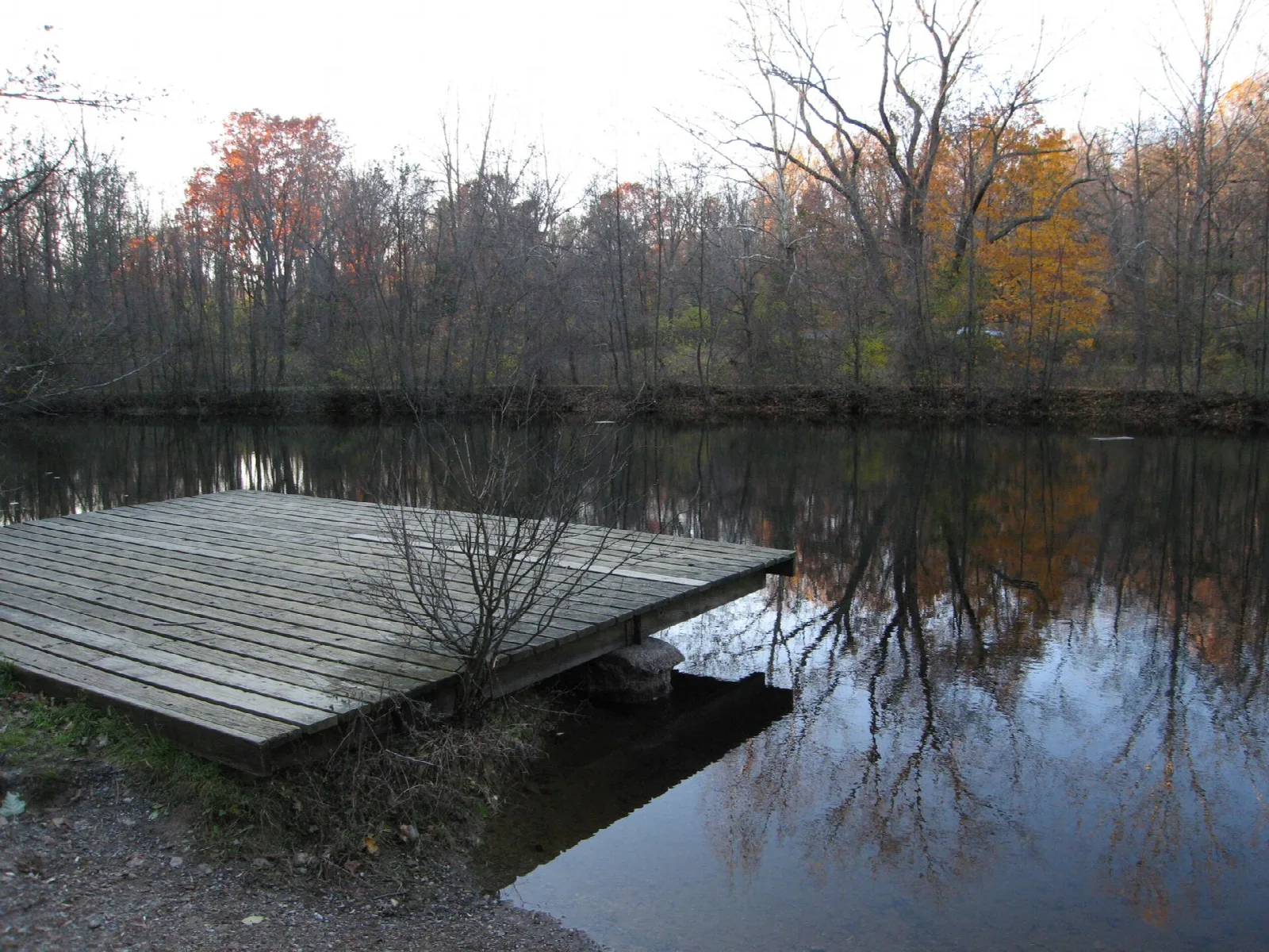 Wooden dock on a still pond with autumn trees reflected