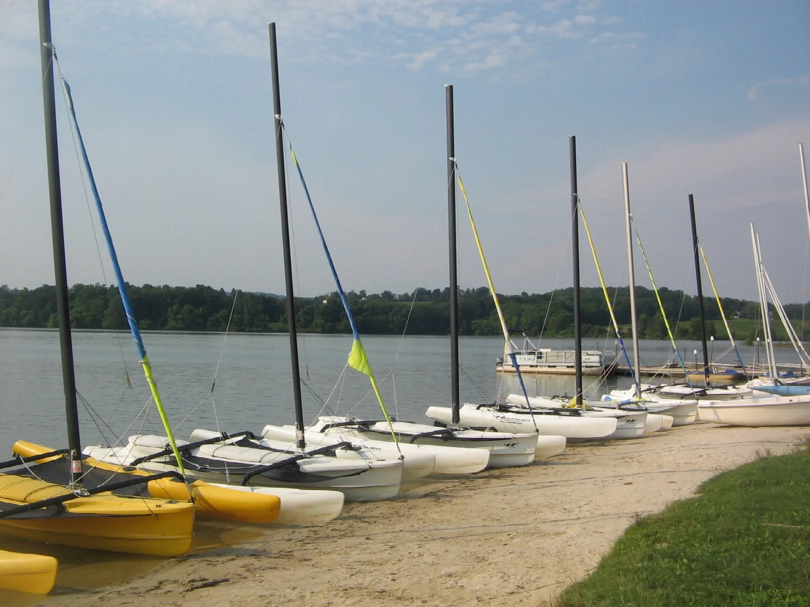 Row of sailboats pulled up on a sandy beach beside the lake