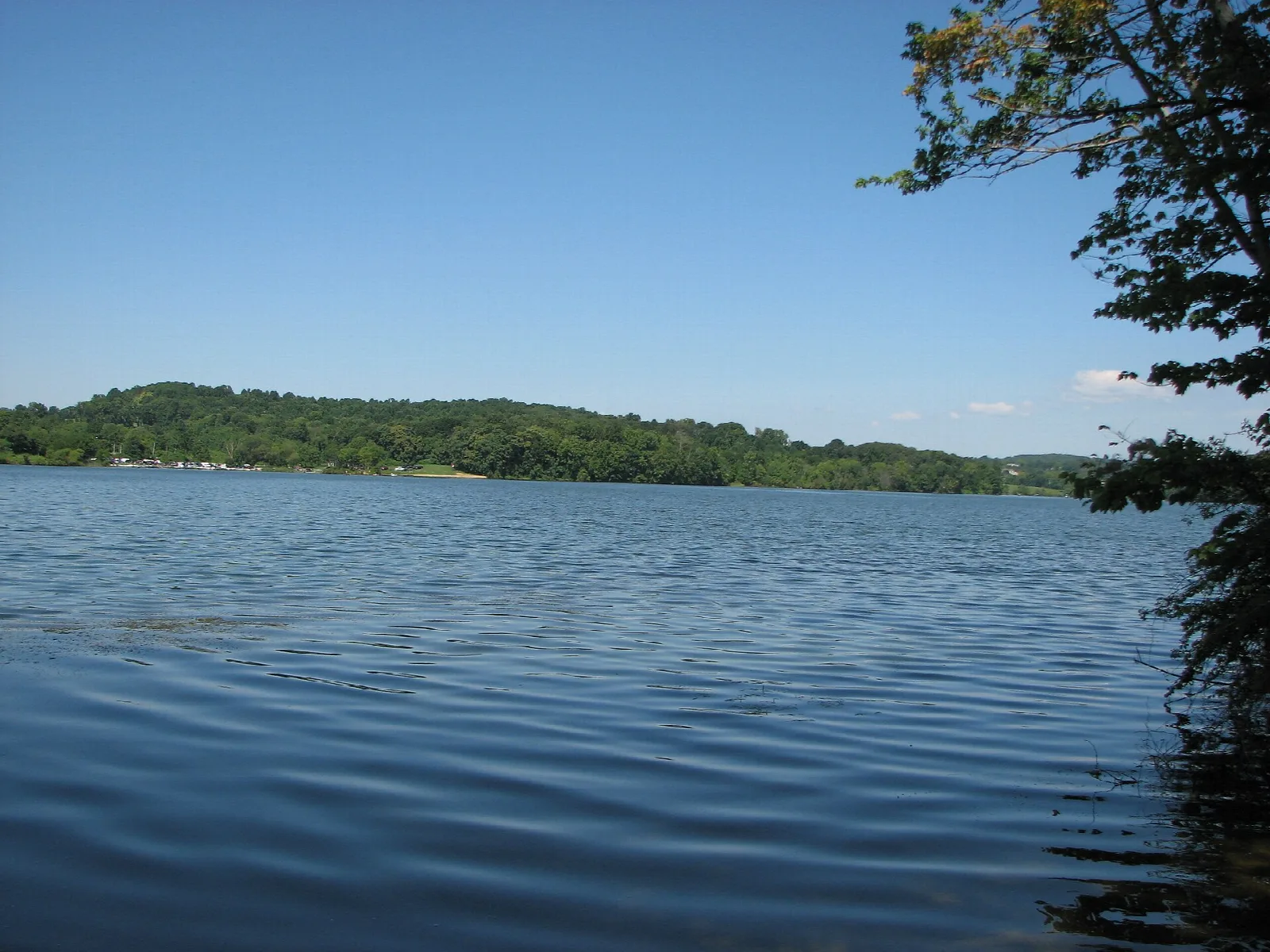 Wide lake with tree-lined shore and a small boat launch area across the water