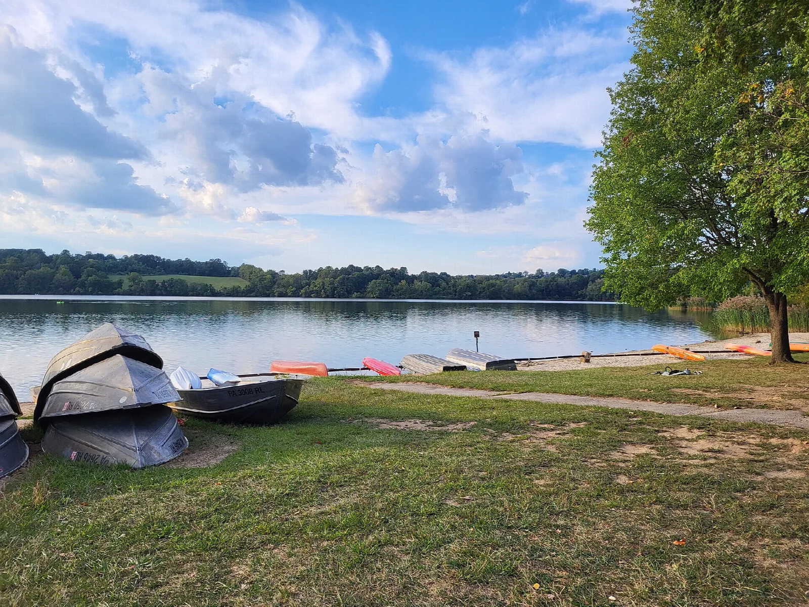 Rowboats on grass at the lake edge with open water and sky behind