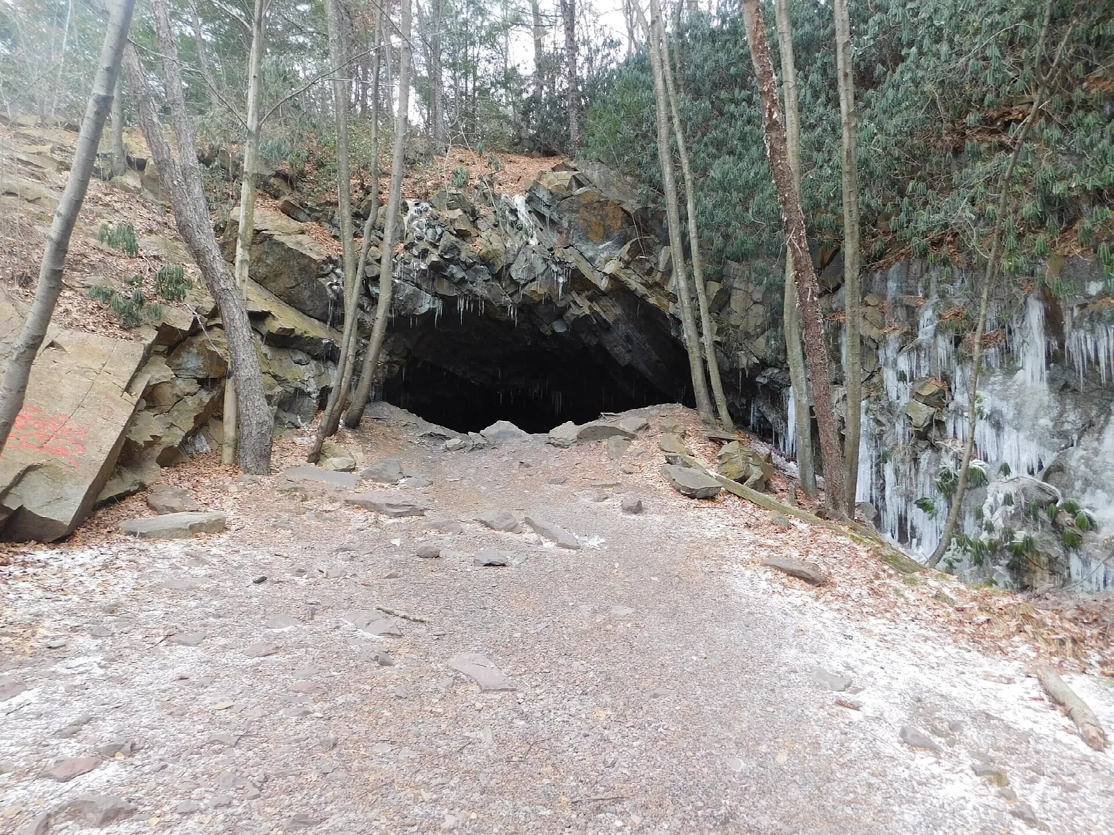 Dark cave opening in a rock wall at the end of a gravel path in bare woods