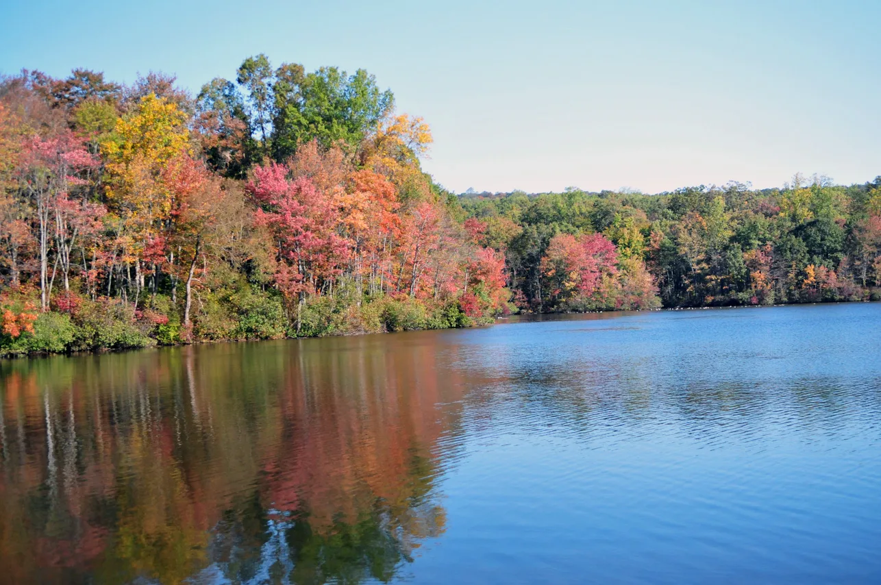 Lake edged with red and orange fall trees reflected in still water