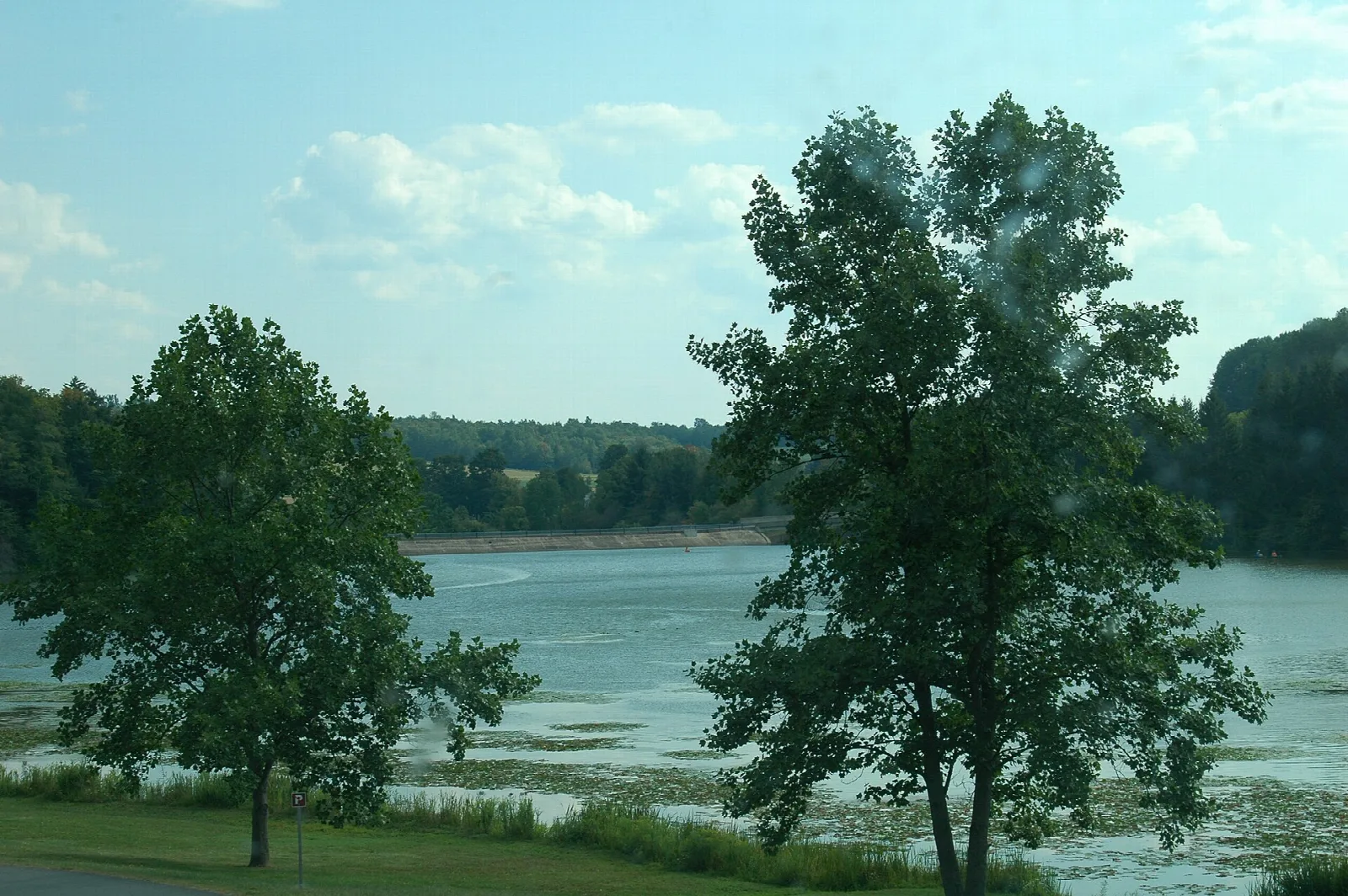 Lake with leafy trees in front and wooded hills across the water