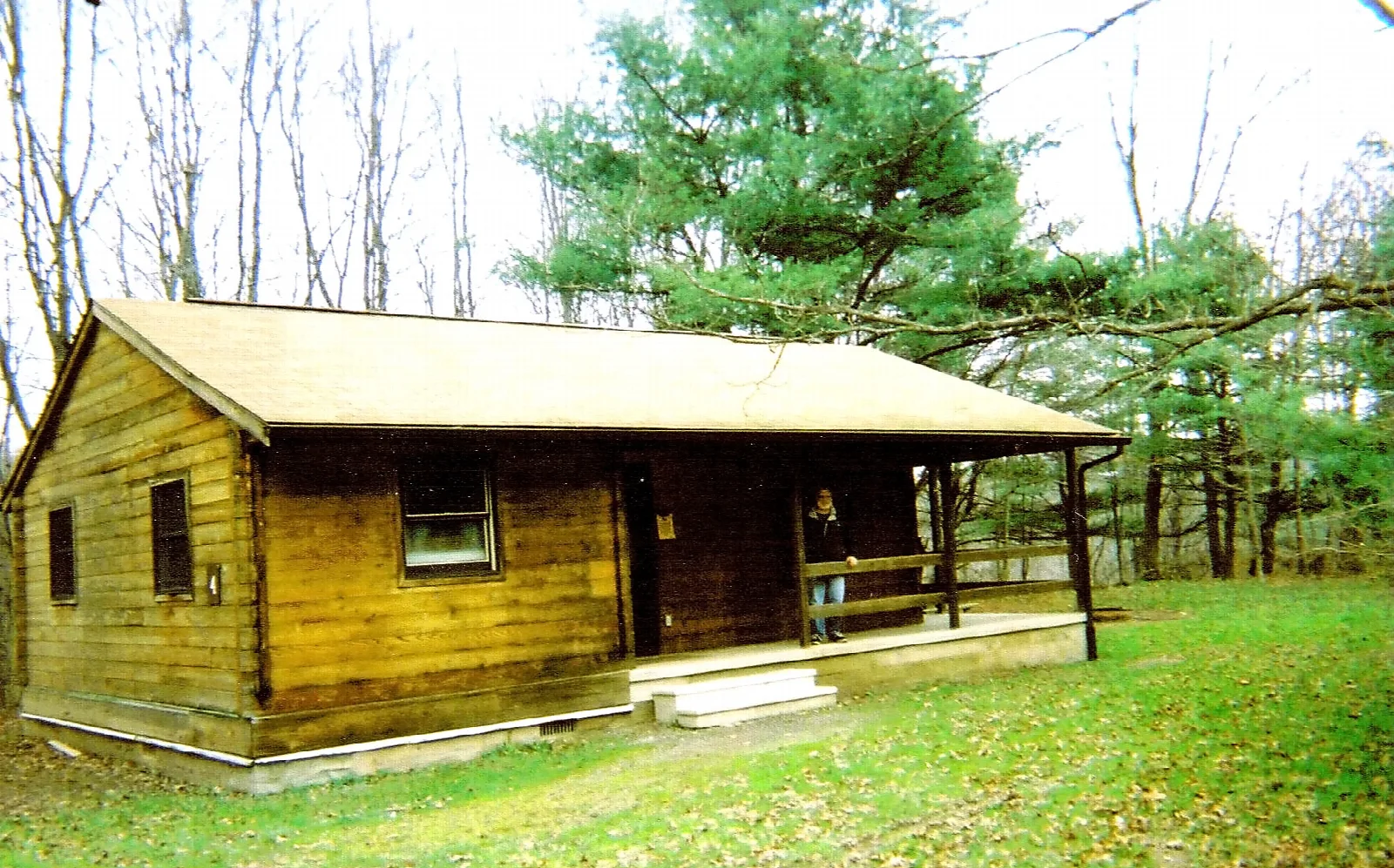 Wooden cabin with a covered porch among trees