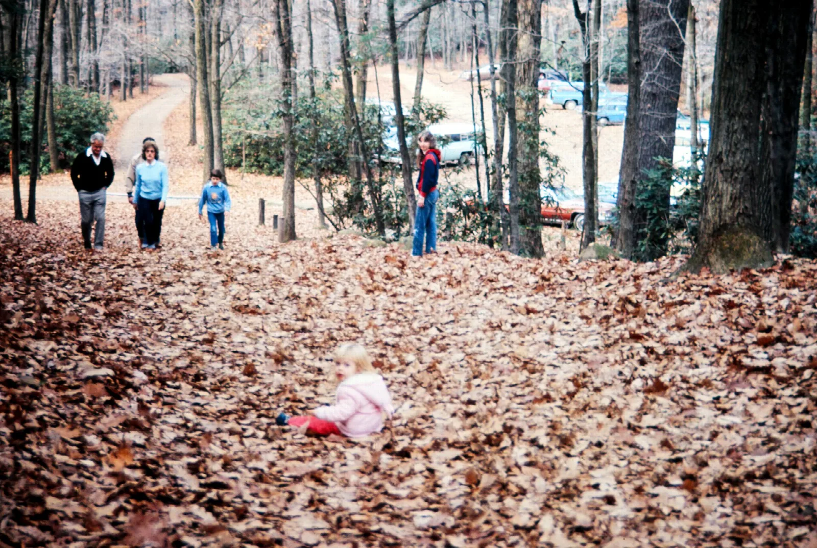 People walking a leaf-covered trail through bare woods