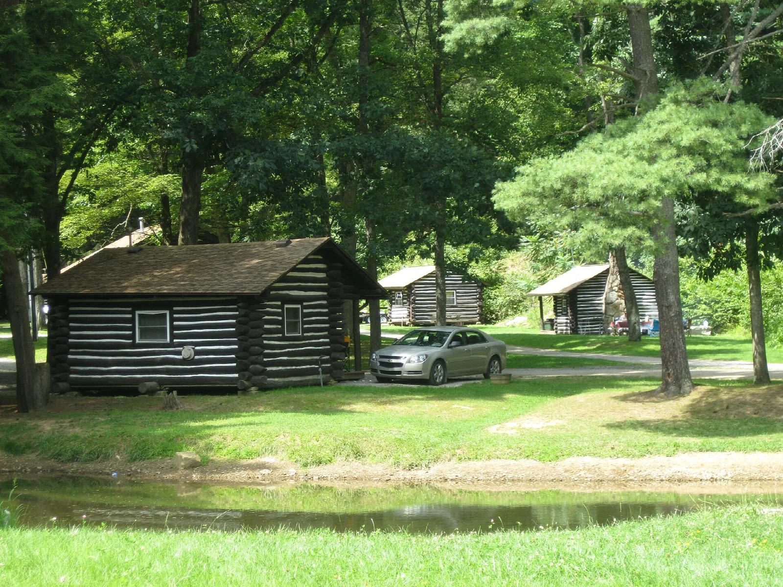 Log cabin beside a small pond in green woods
