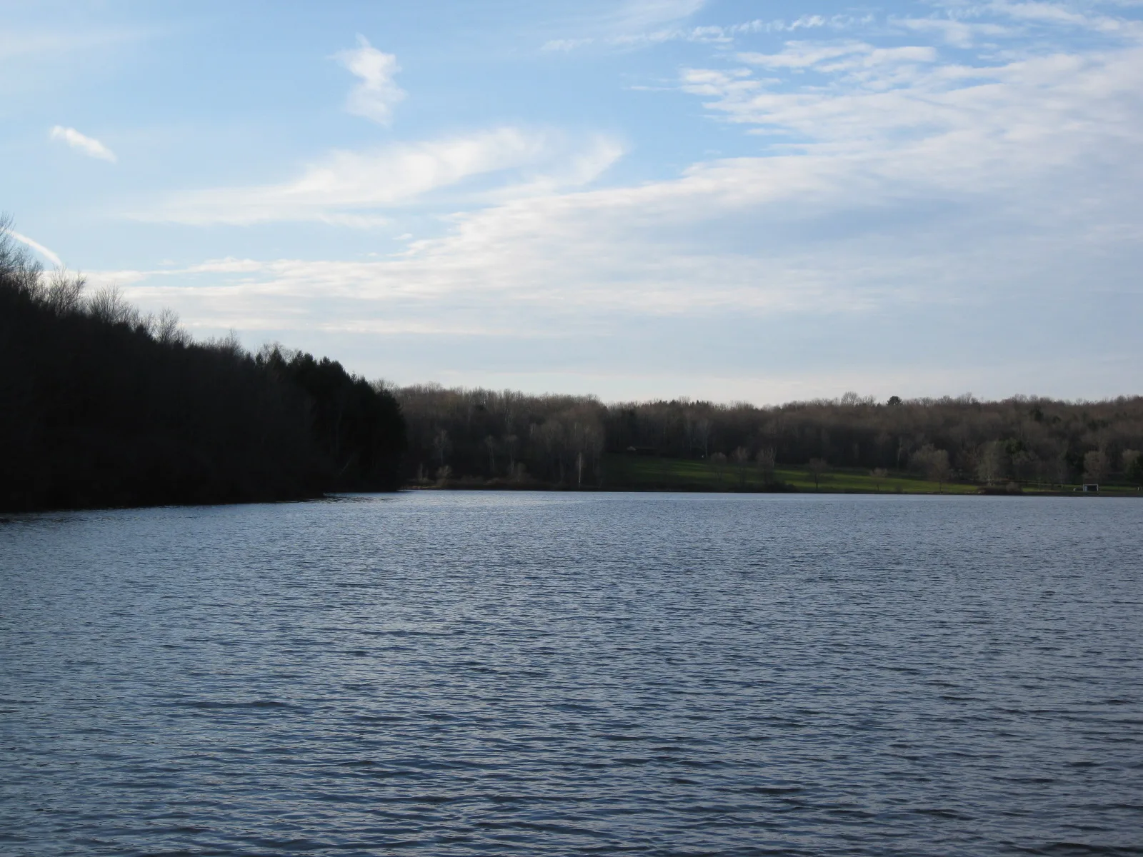 Wide lake under blue sky with scattered clouds and dark tree line