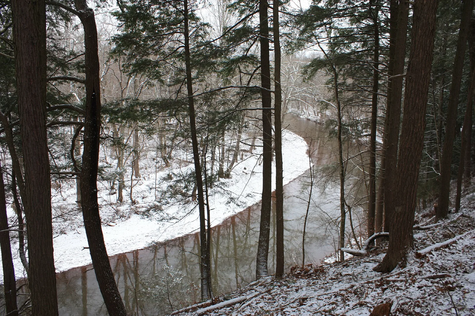Snowy trail curving above a creek in winter woods