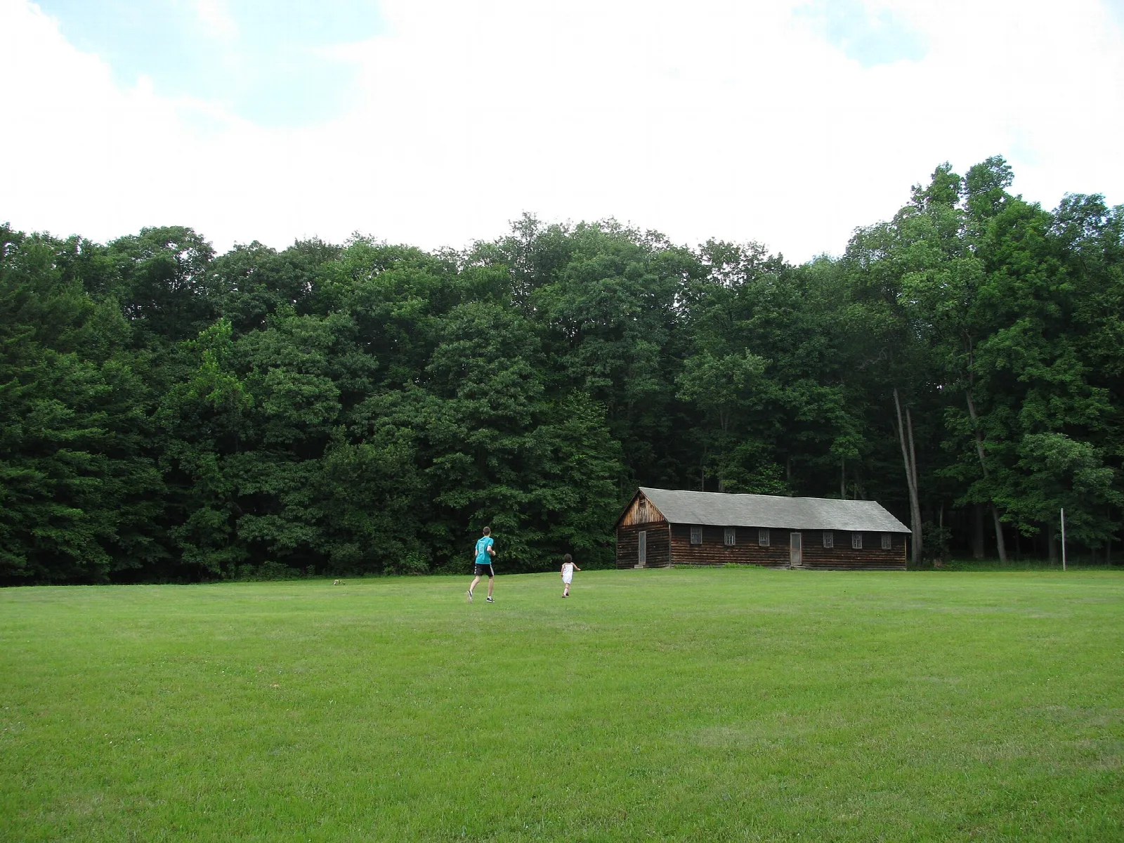 Large green lawn with a low wooden cabin among trees