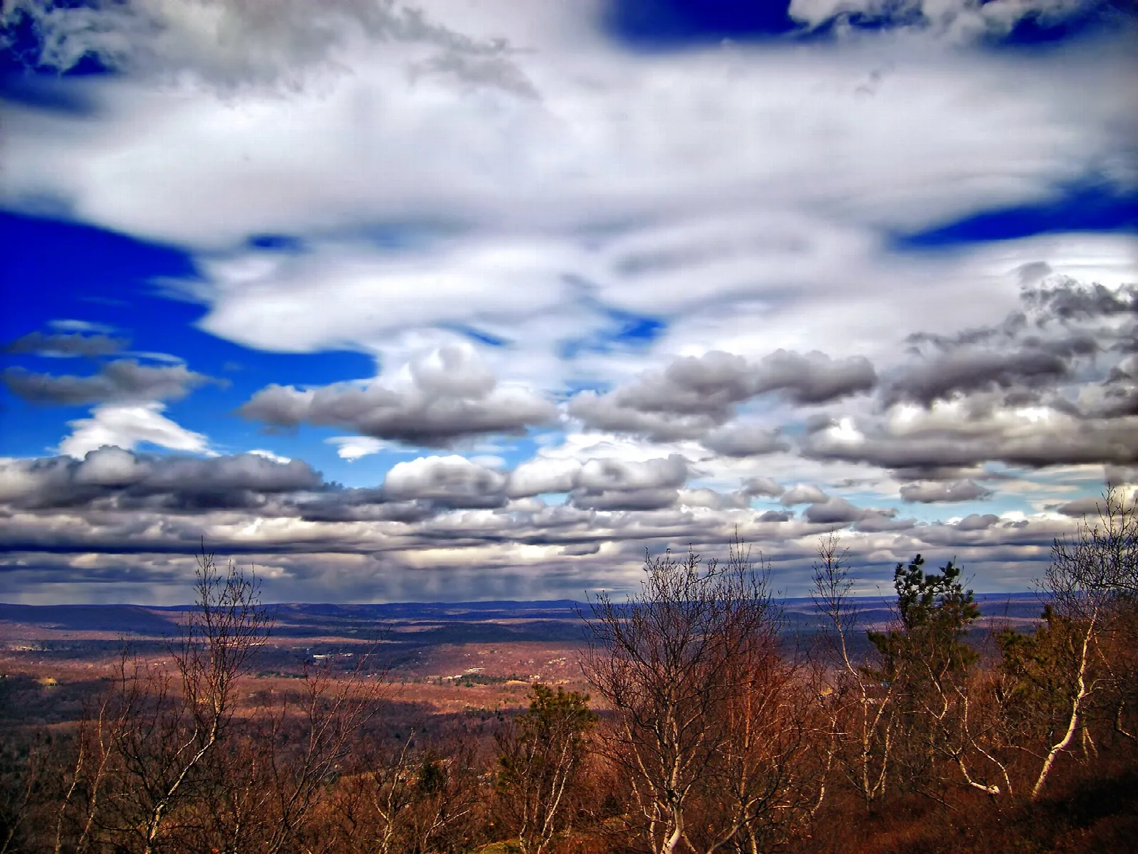 Wide valley view from a summit under big clouds with autumn brush in front