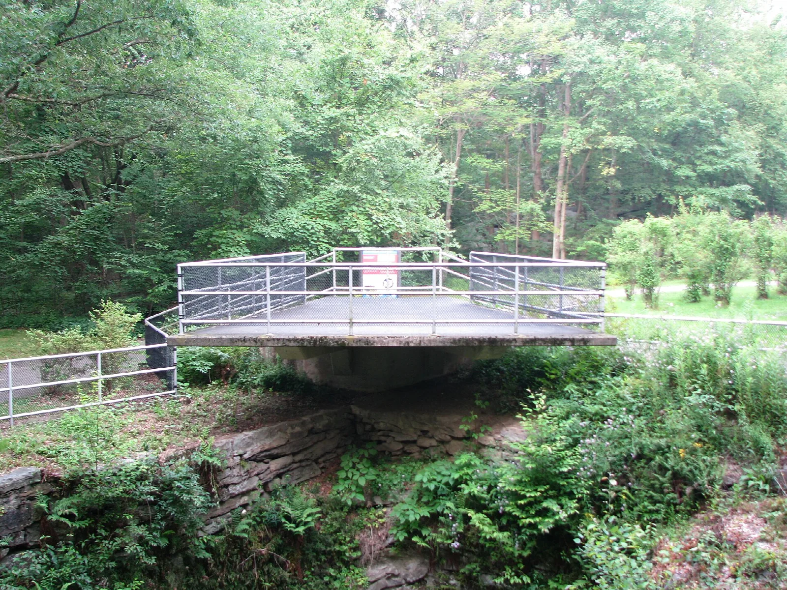 Railed viewing platform jutting over a rocky pit among green trees
