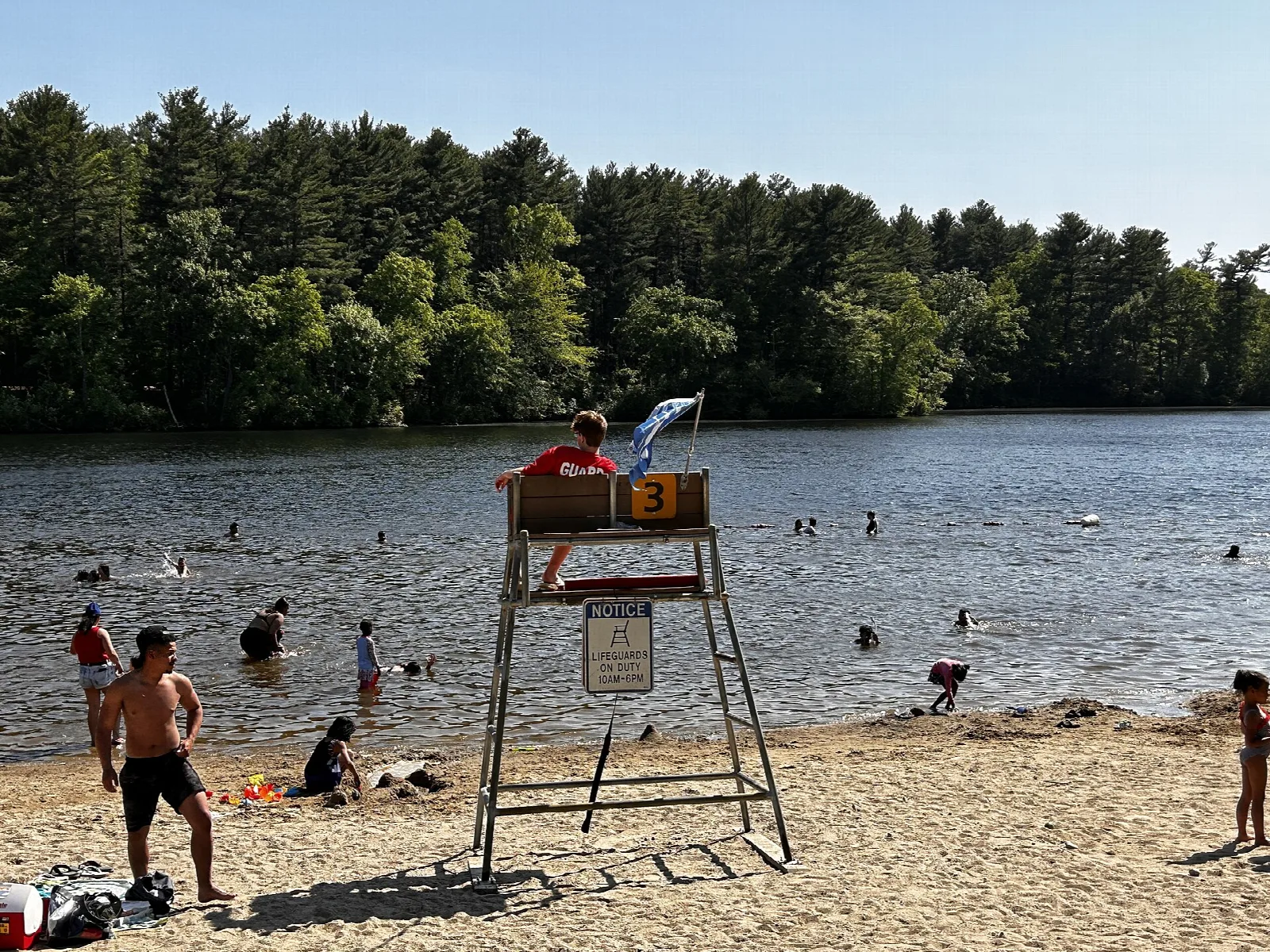 A sandy beach with swimmers and a lifeguard chair beside a pond ringed by pines