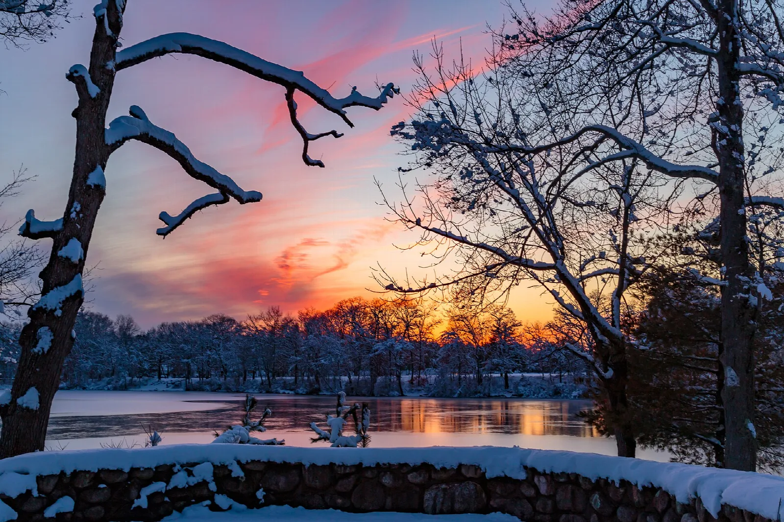 Sunset glowing orange and pink over a calm pond framed by bare trees