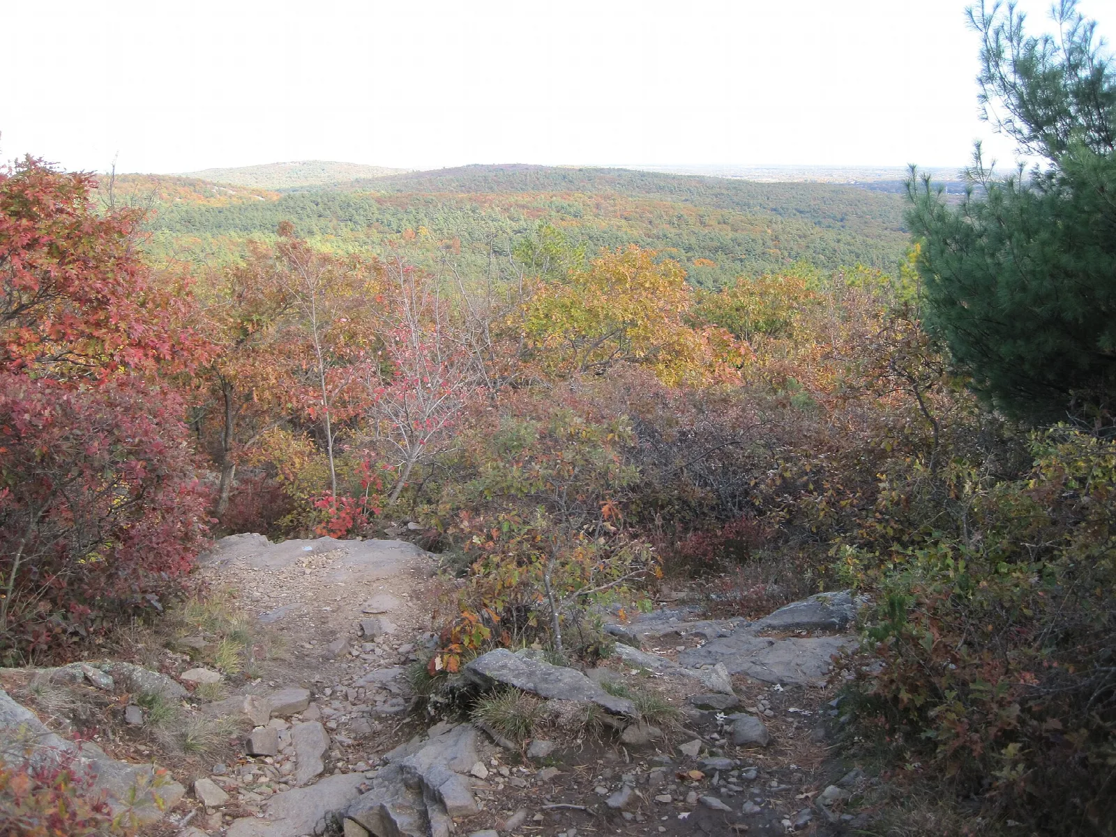 A rocky trail looking out over hills in autumn color