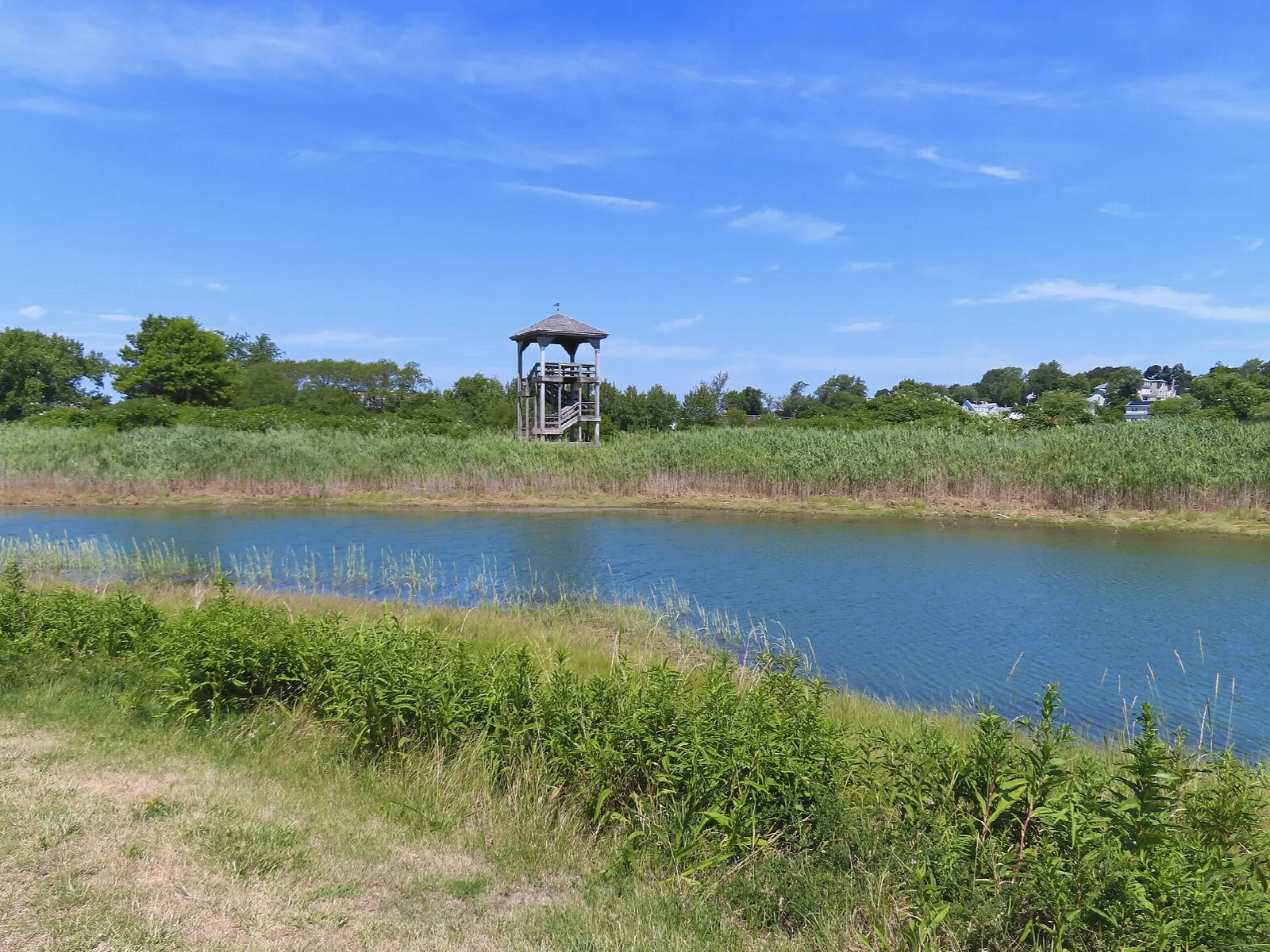 Blue water edged with green grass and a small lookout tower in the distance