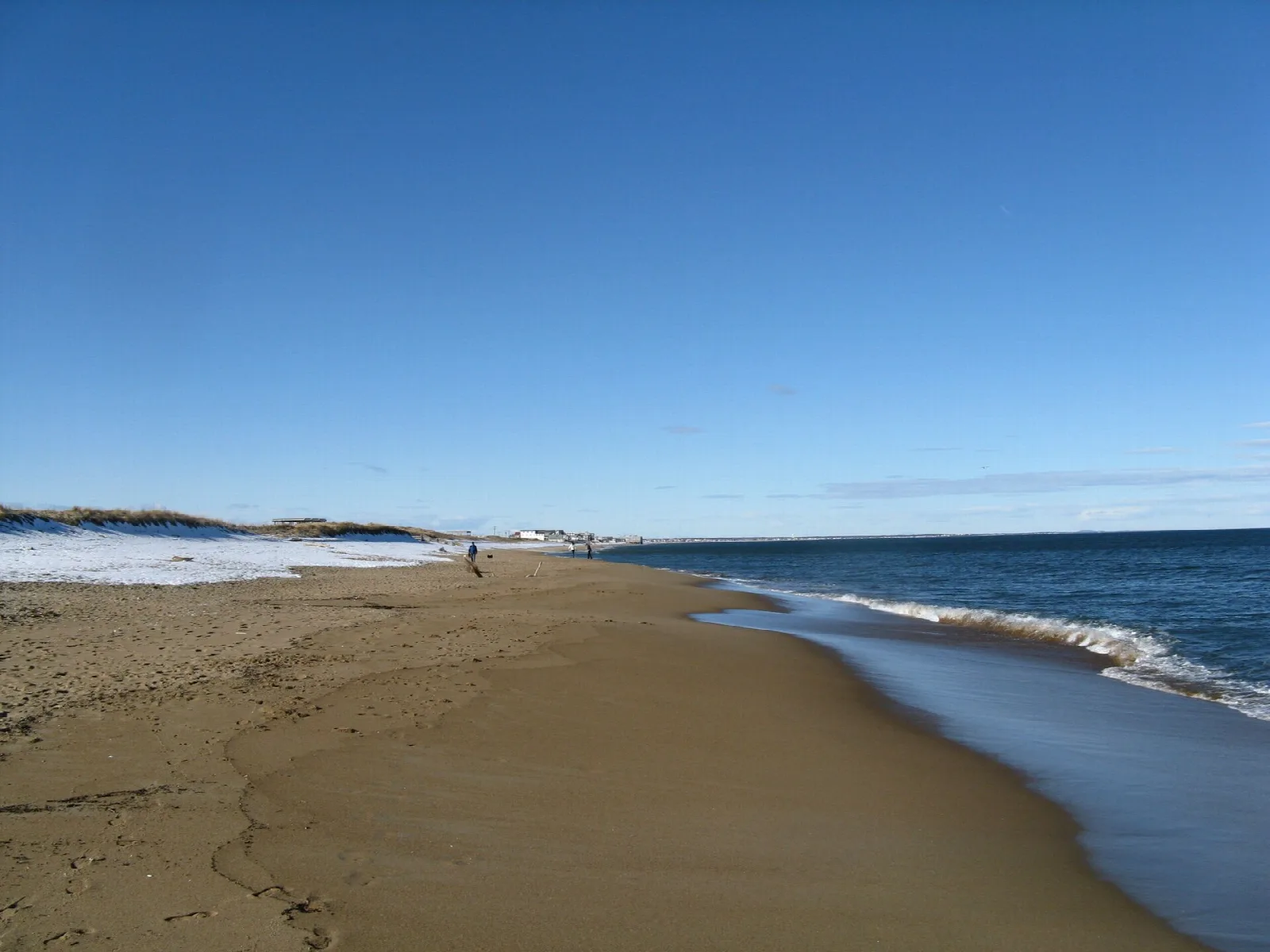 A sandy beach curving beside blue ocean under a clear sky