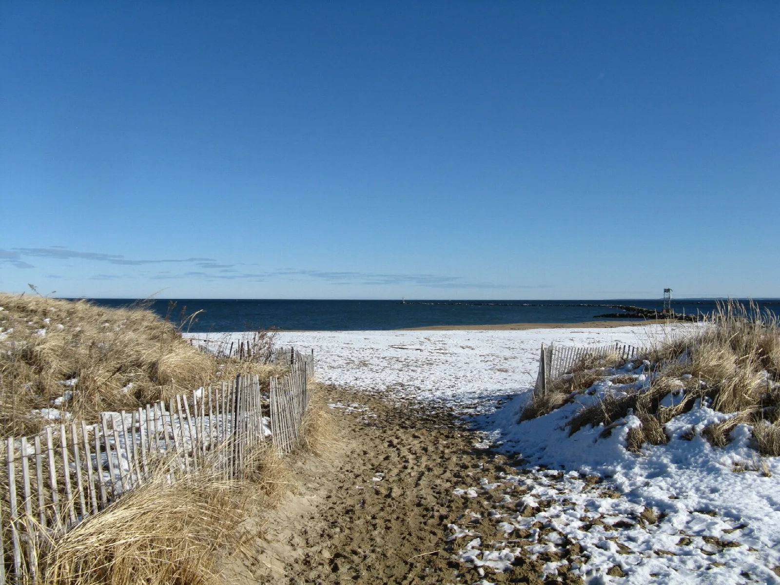 A sandy path between dune grass and snow leading to the sea