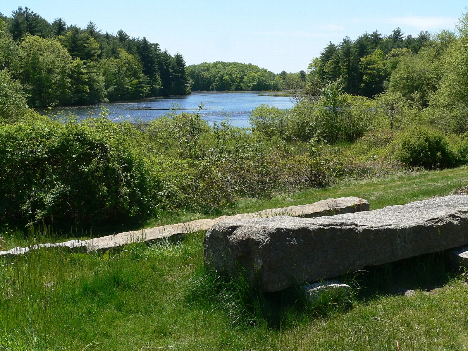 A pond seen over green grass and a long stone slab