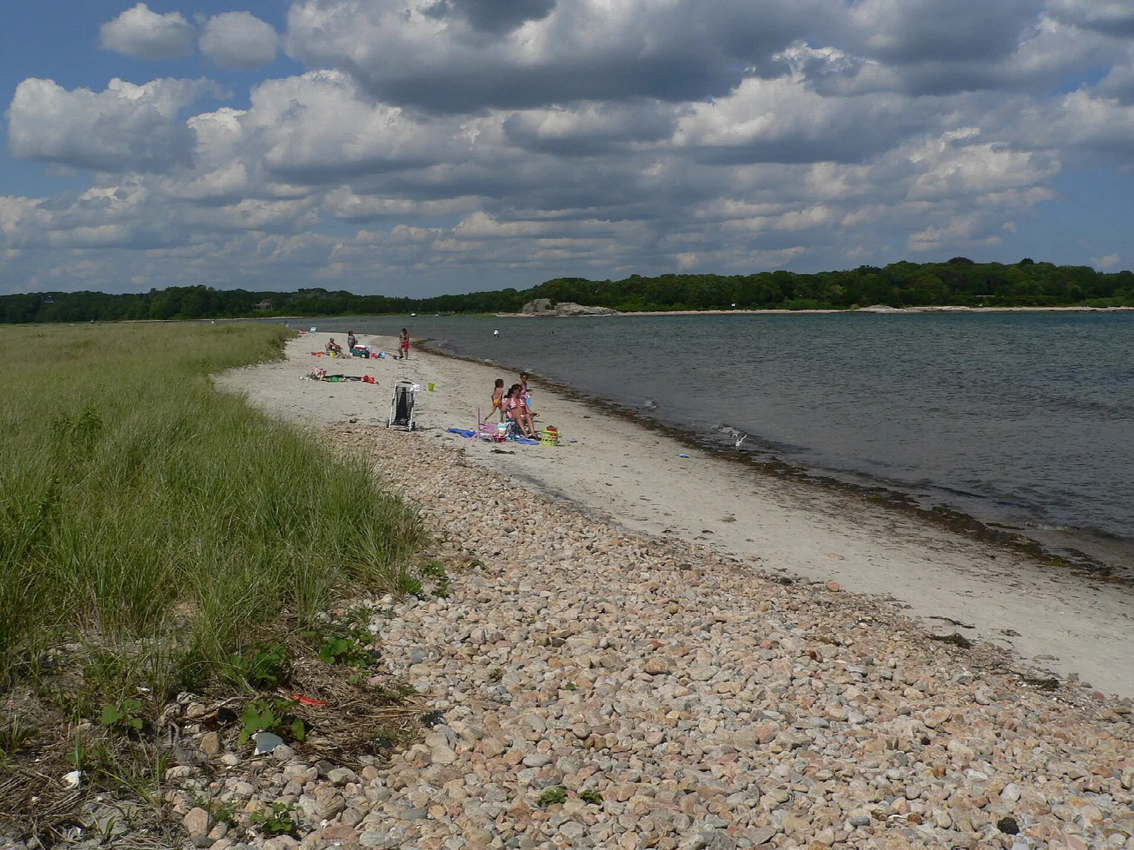A pebbly beach beside calm water with beach grass, under a cloudy sky