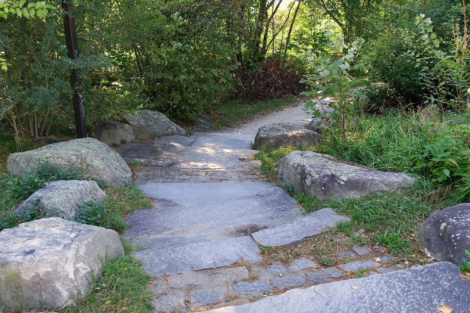 Stone-edged path climbing between boulders and green plants