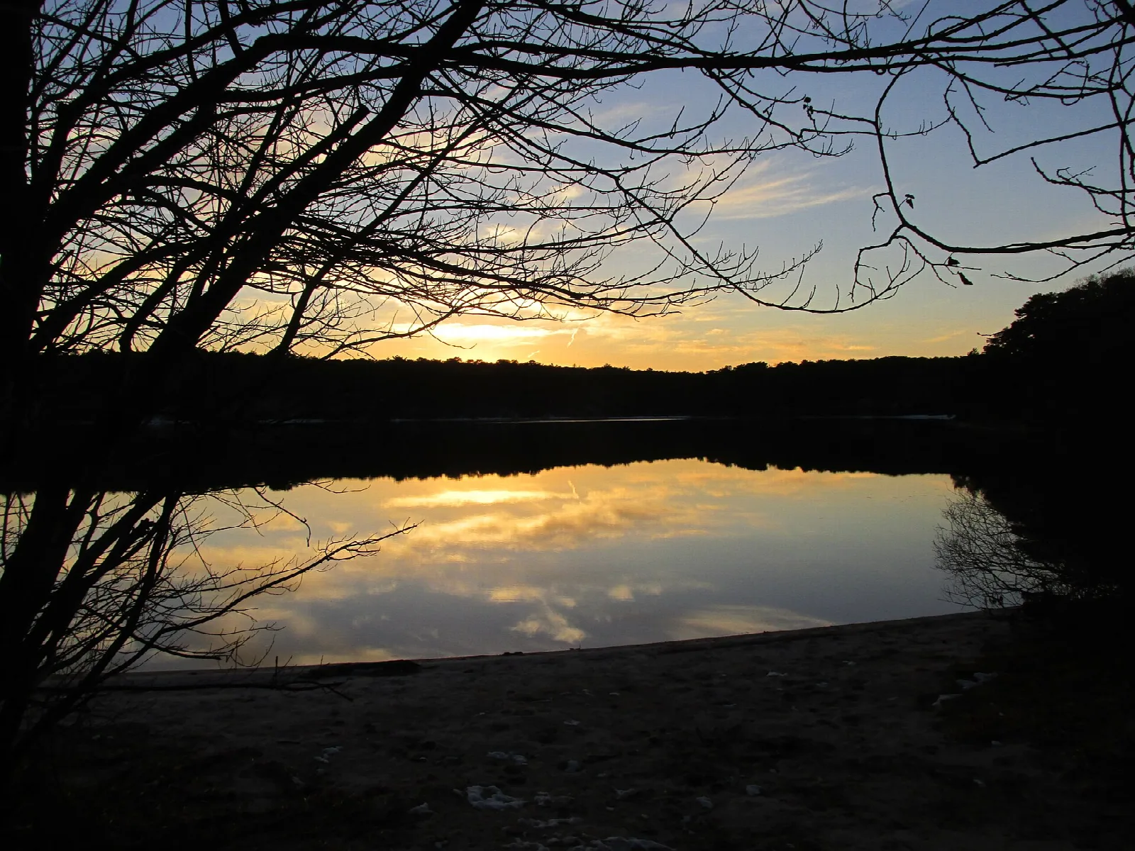 Pond at sunset seen through bare branches, with orange light on the water