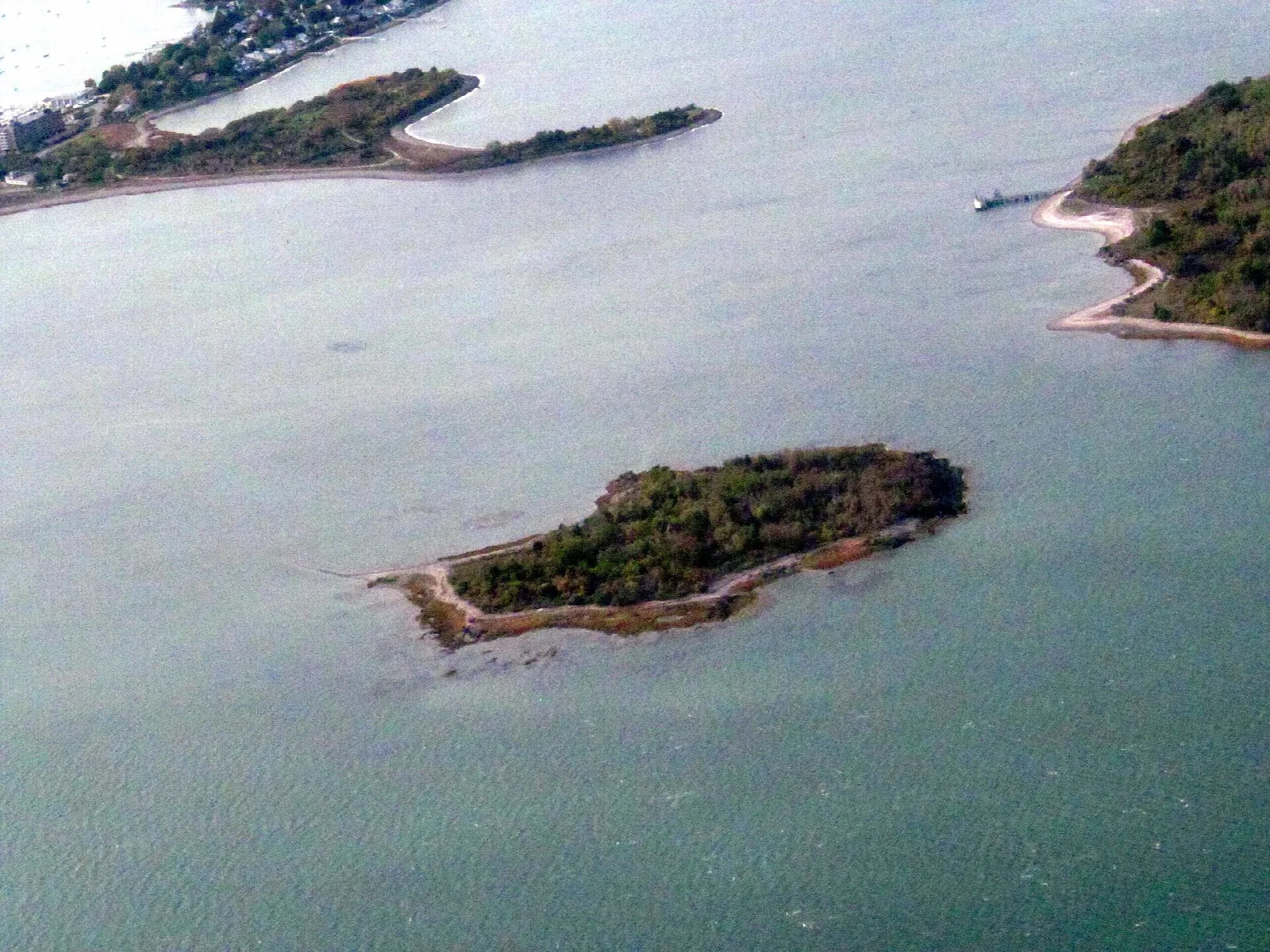 Aerial view of small tree-covered islands in pale green water