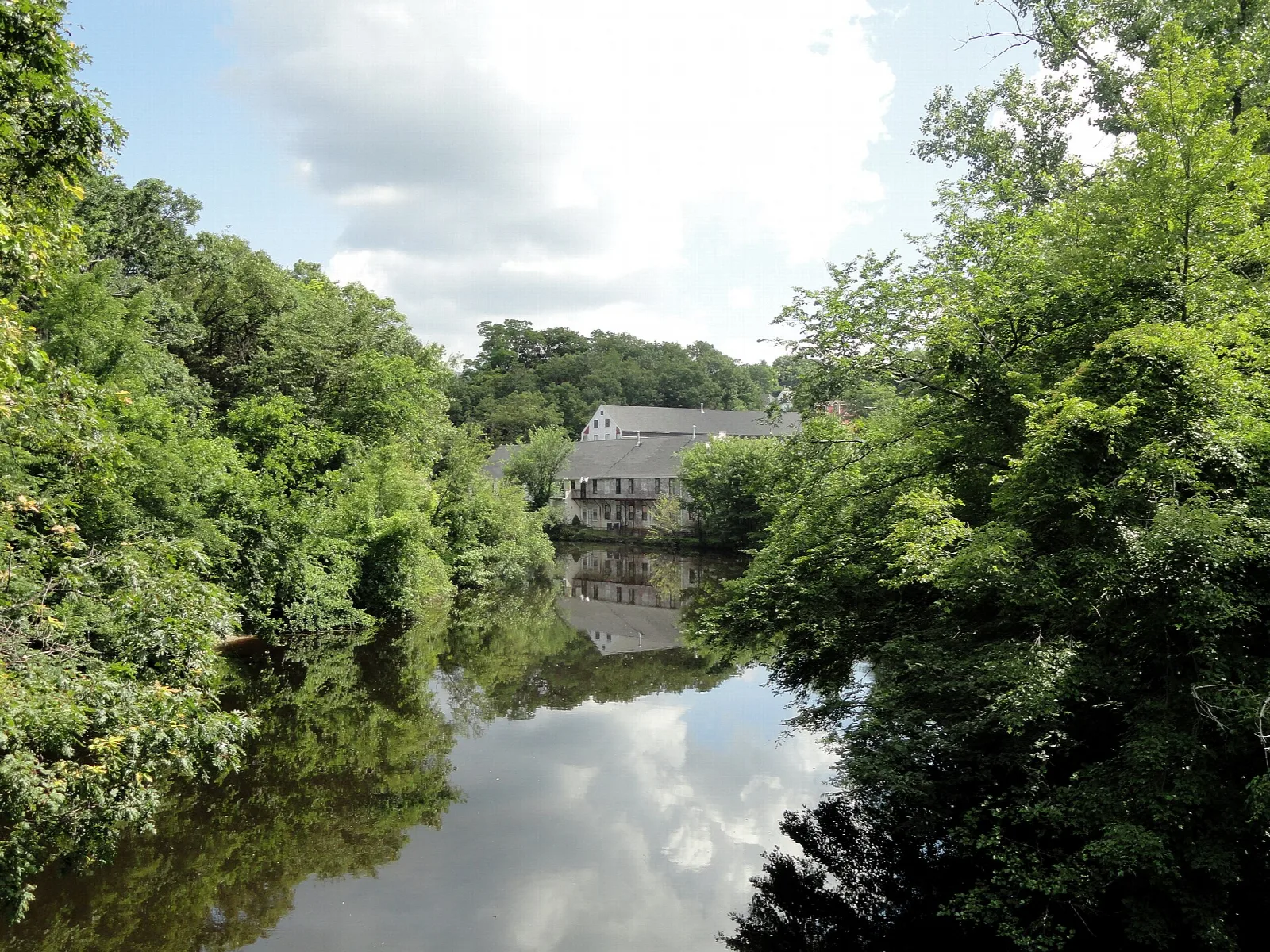 Wooded riverbank with a house across the water