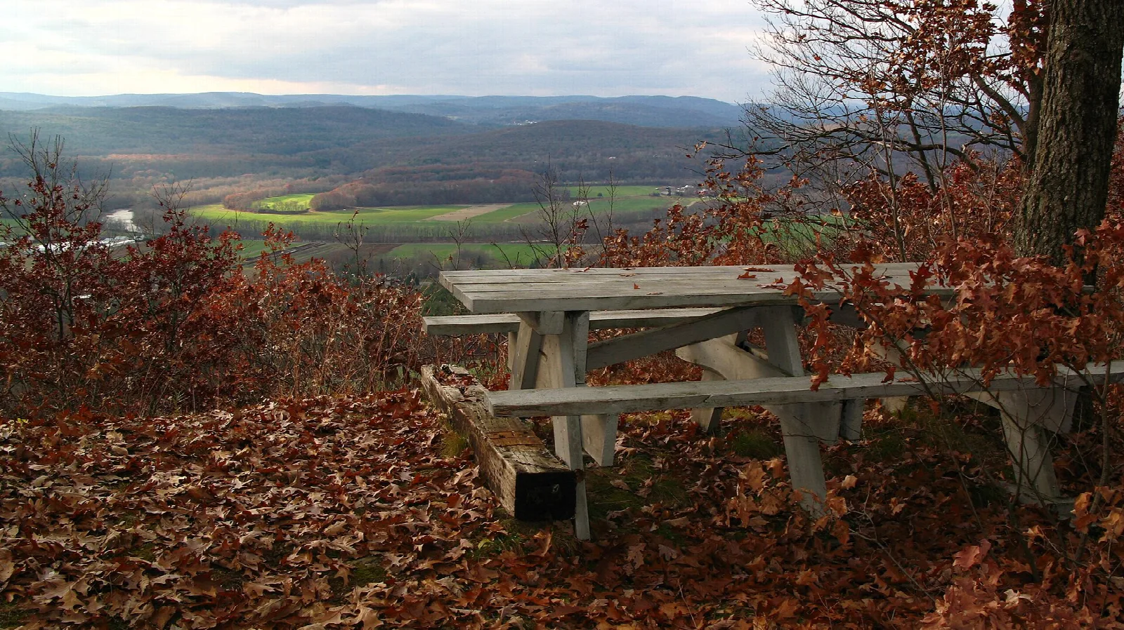 Picnic table on fall leaves with distant hills