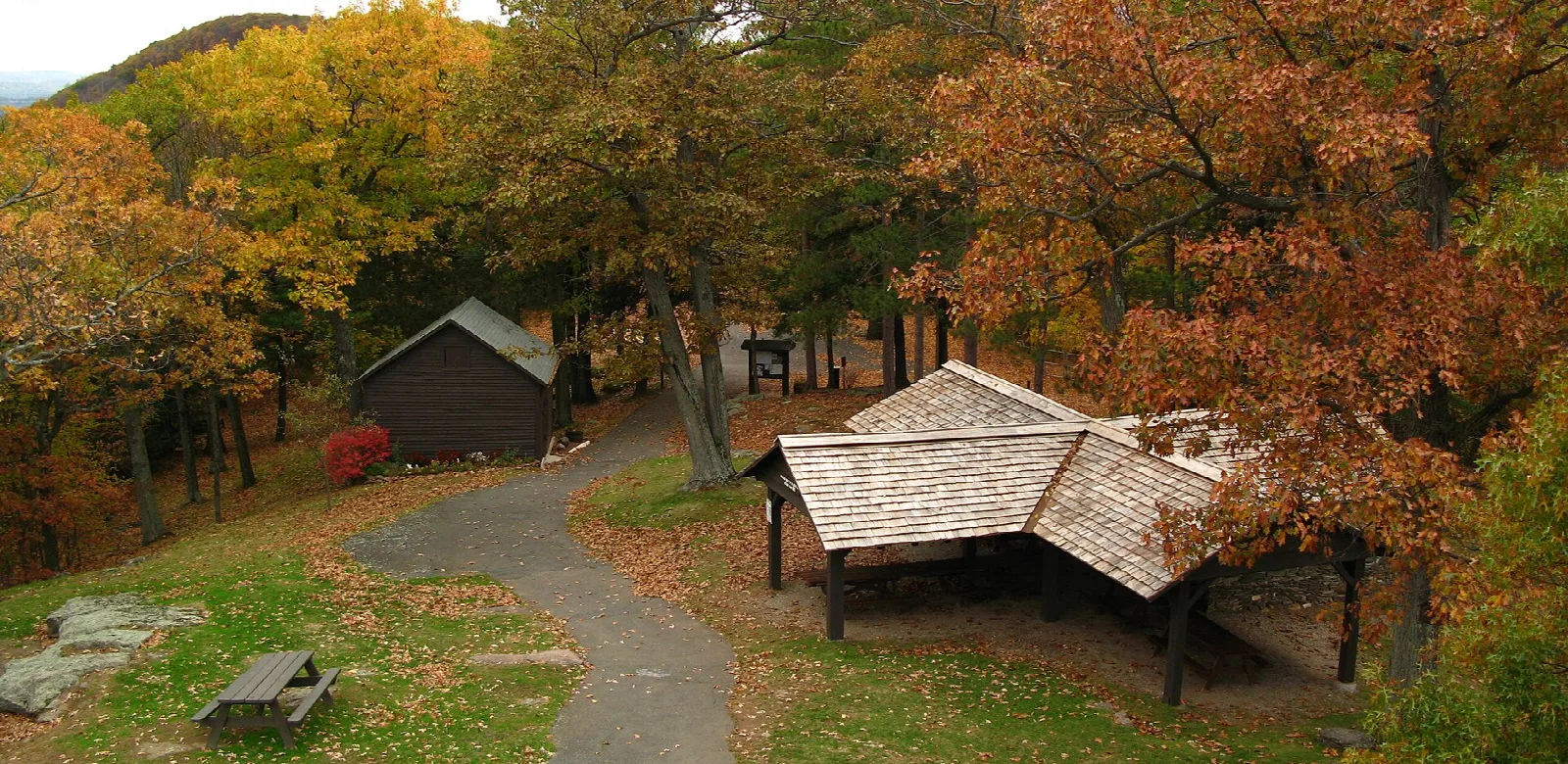 Wood shelter and a path among orange fall trees seen from above