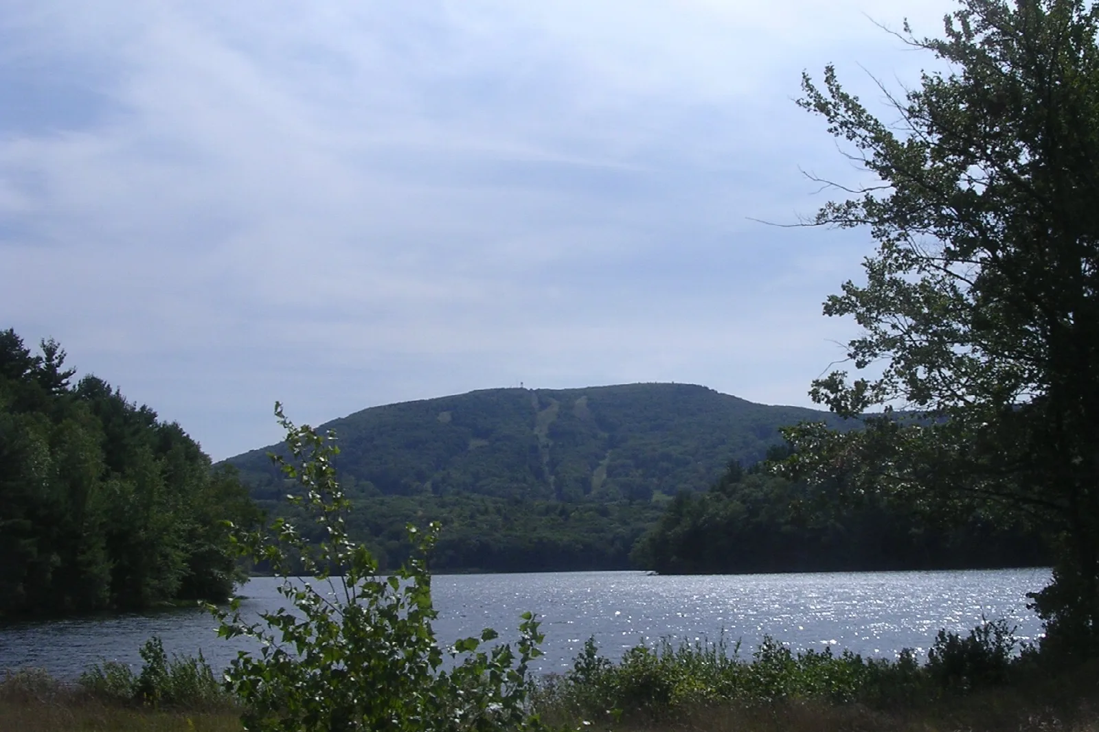 Lake in the foreground with a forested mountain rising behind it