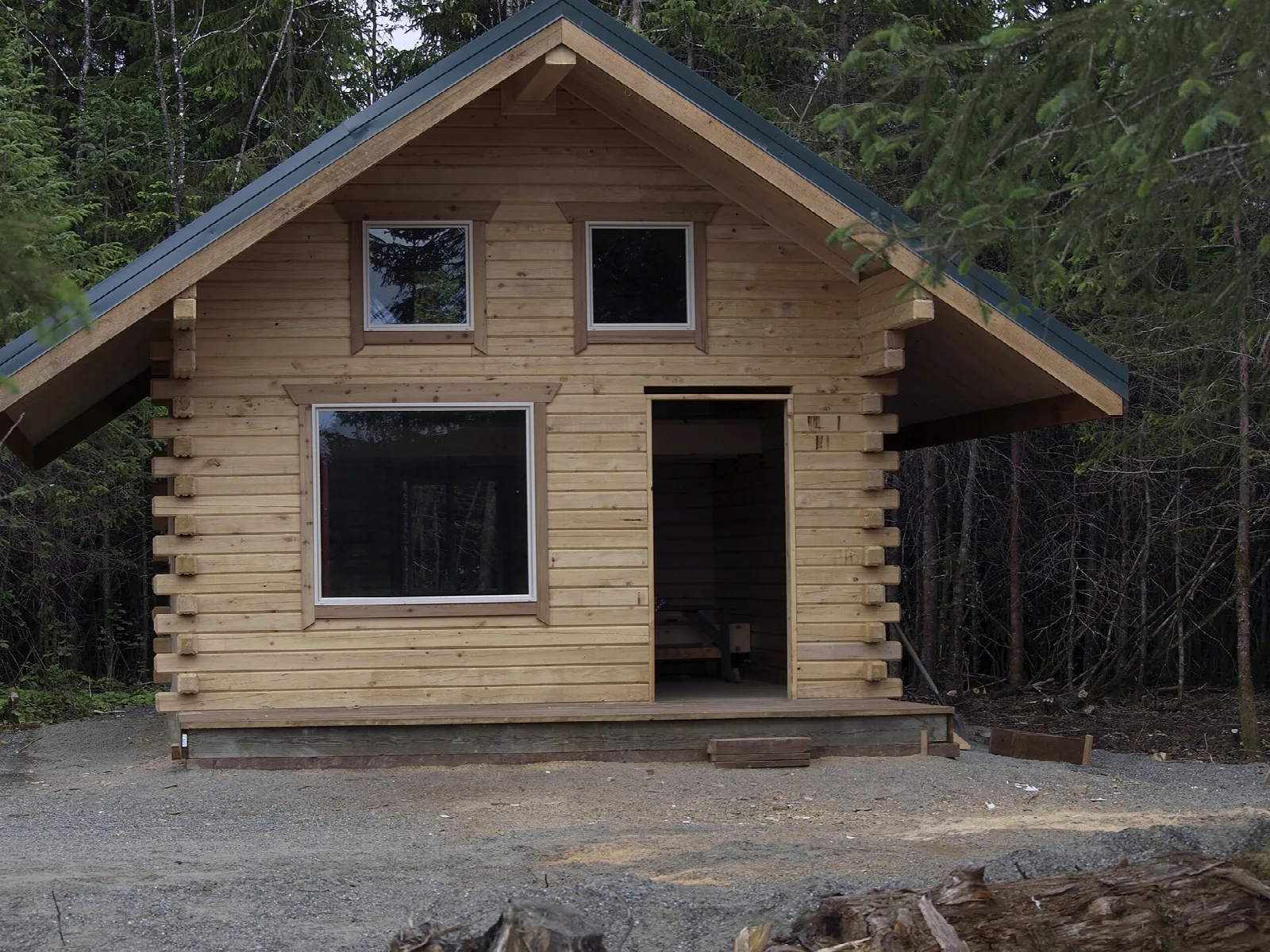 Log cabin with a gabled roof in a spruce forest clearing