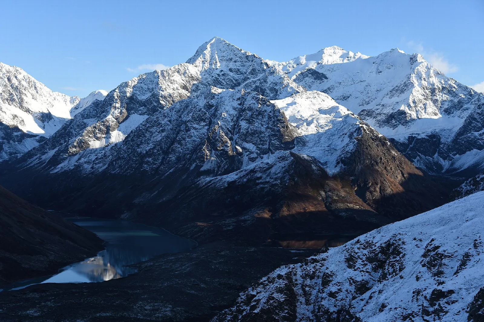 Jagged snowy peaks above a small lake in the mountains