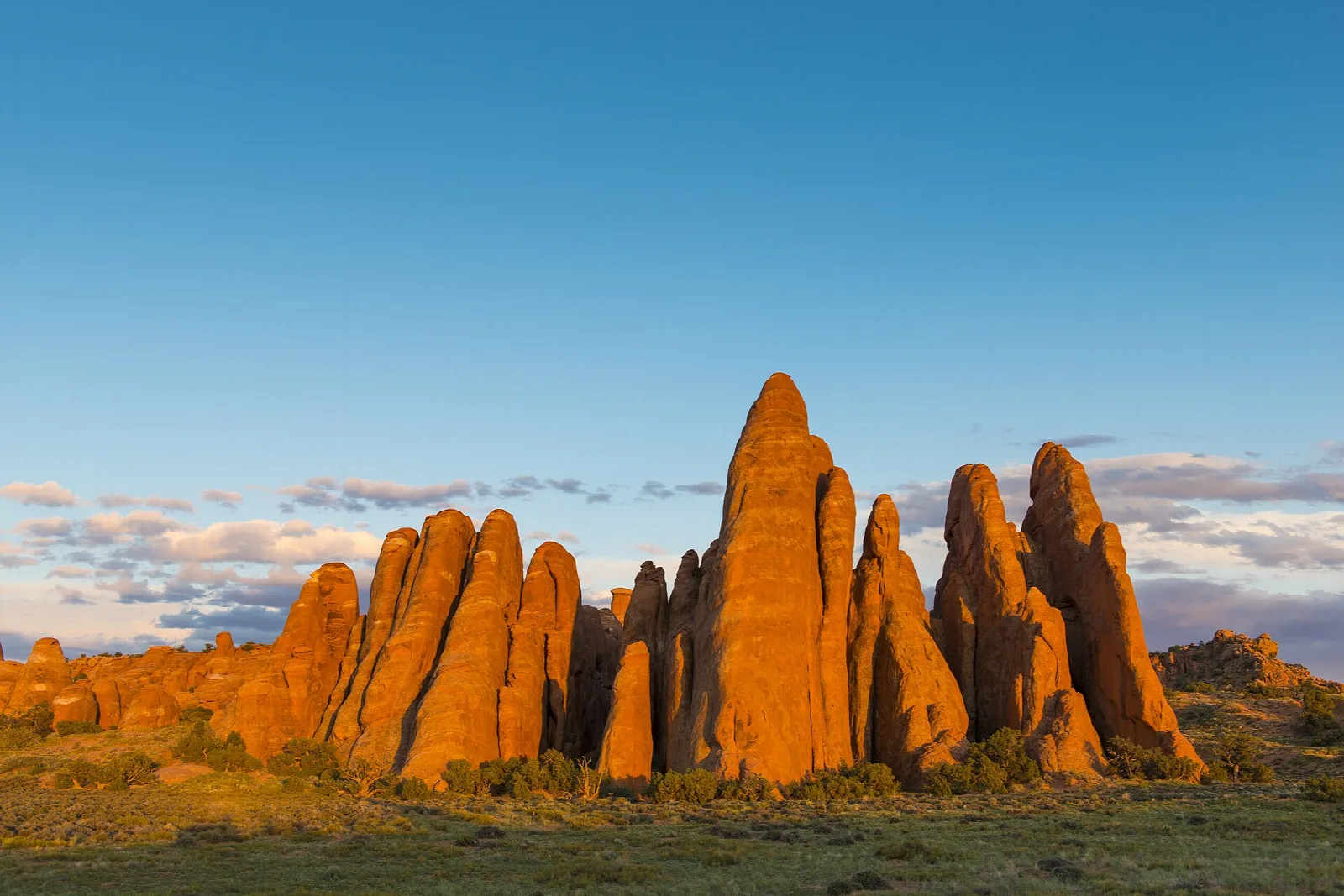 Tall, narrow red sandstone fins lit orange by the setting sun above green shrubs