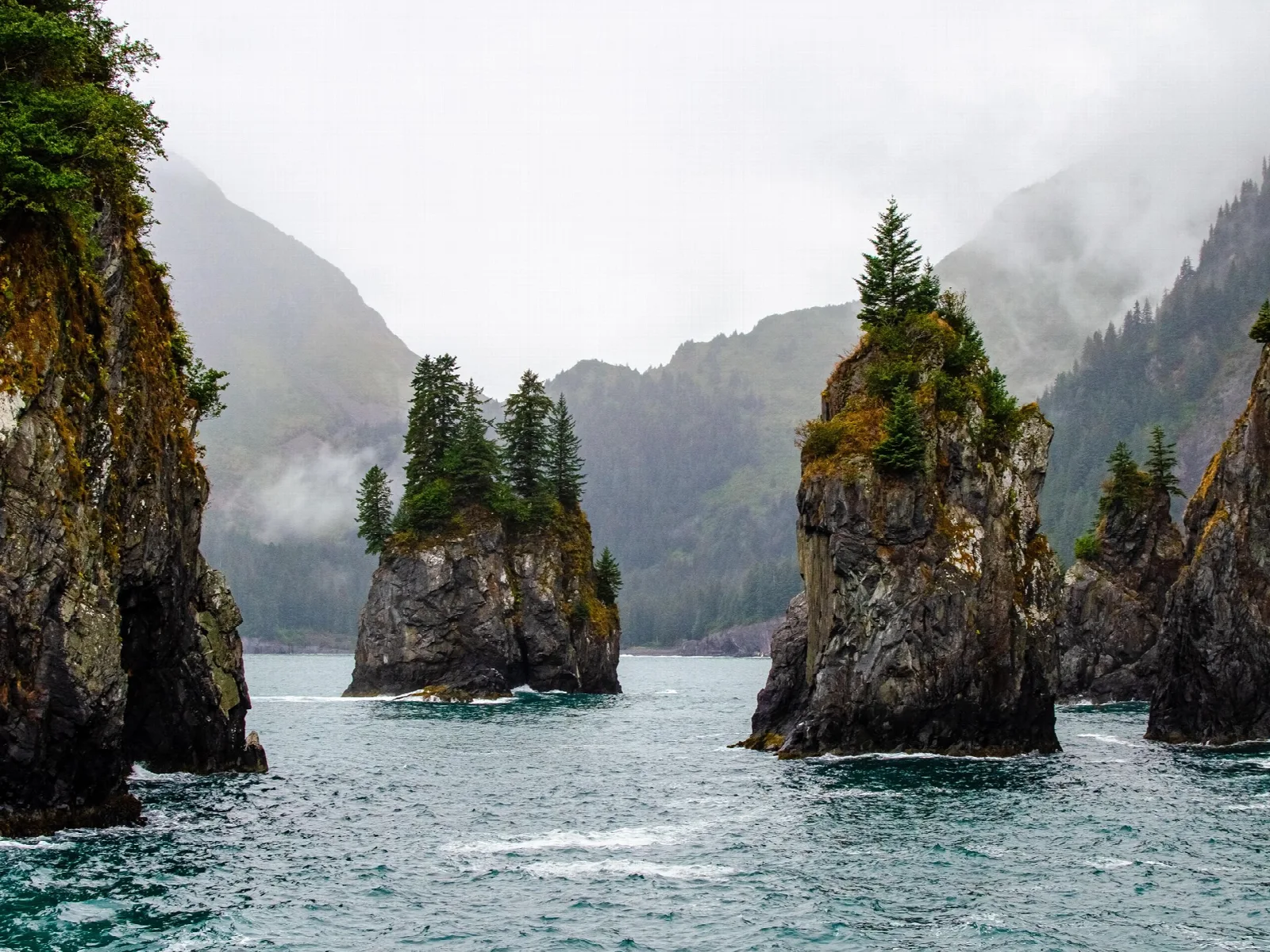 Steep, tree-topped rock spires rising from green water beneath misty cliffs