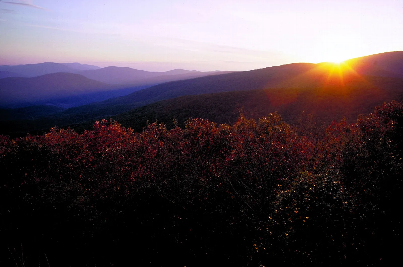 The sun setting behind layered blue ridges above red autumn forest