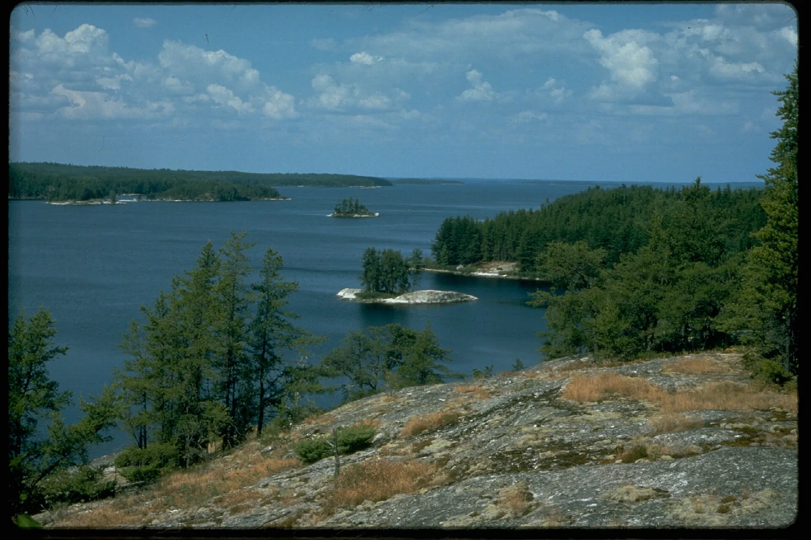 Pines on a granite outcrop above a wide lake dotted with islands