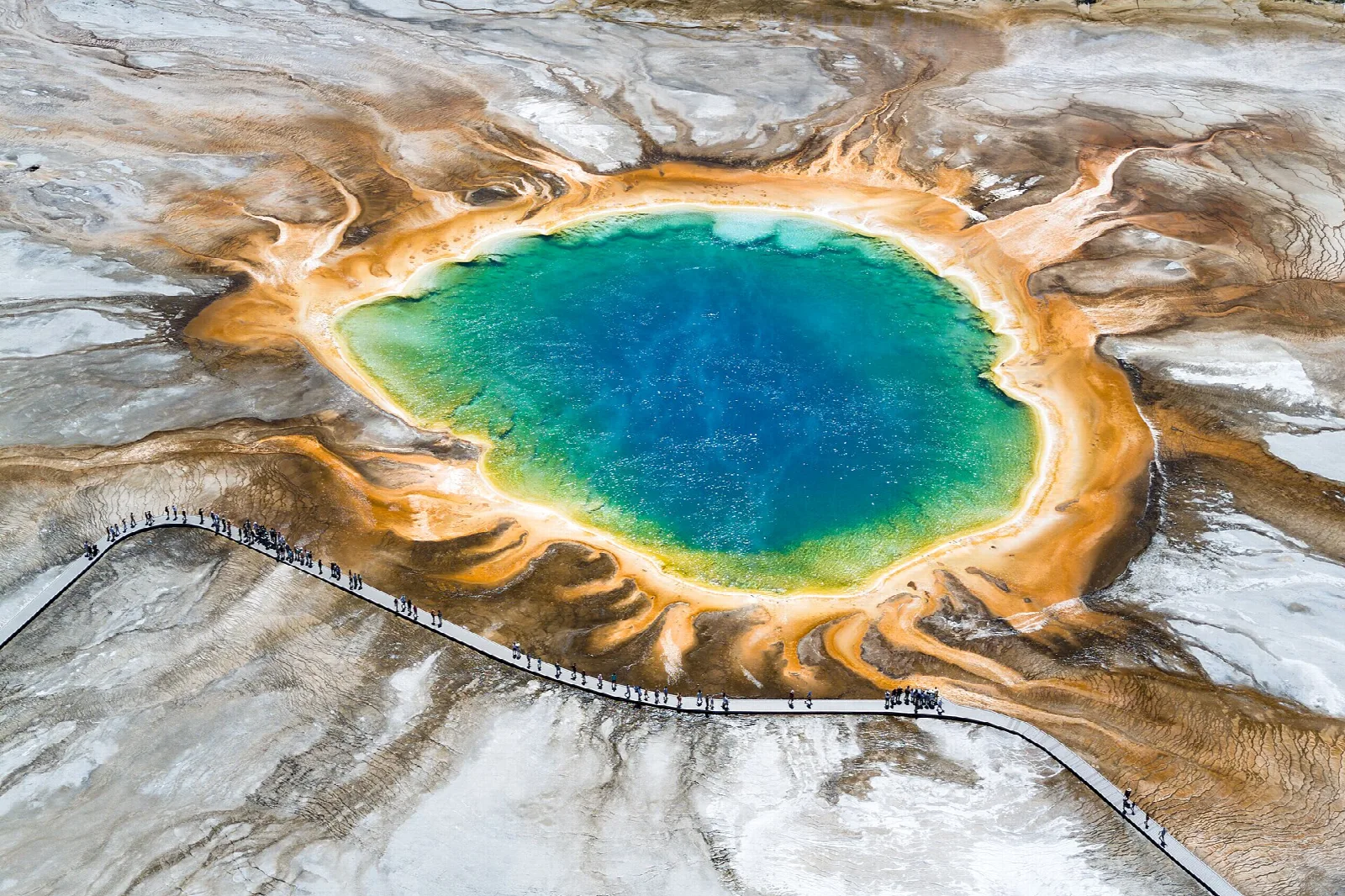 A vivid blue hot spring ringed by orange and yellow bacterial mats and a boardwalk