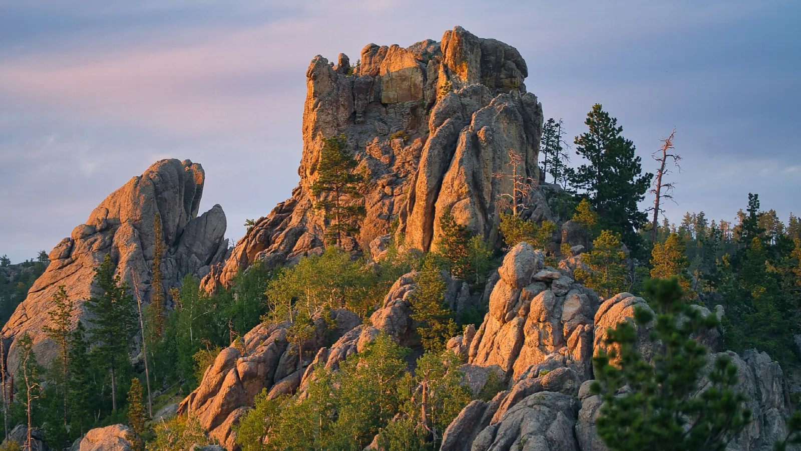 Orange granite spires rising above pine trees at sunset light