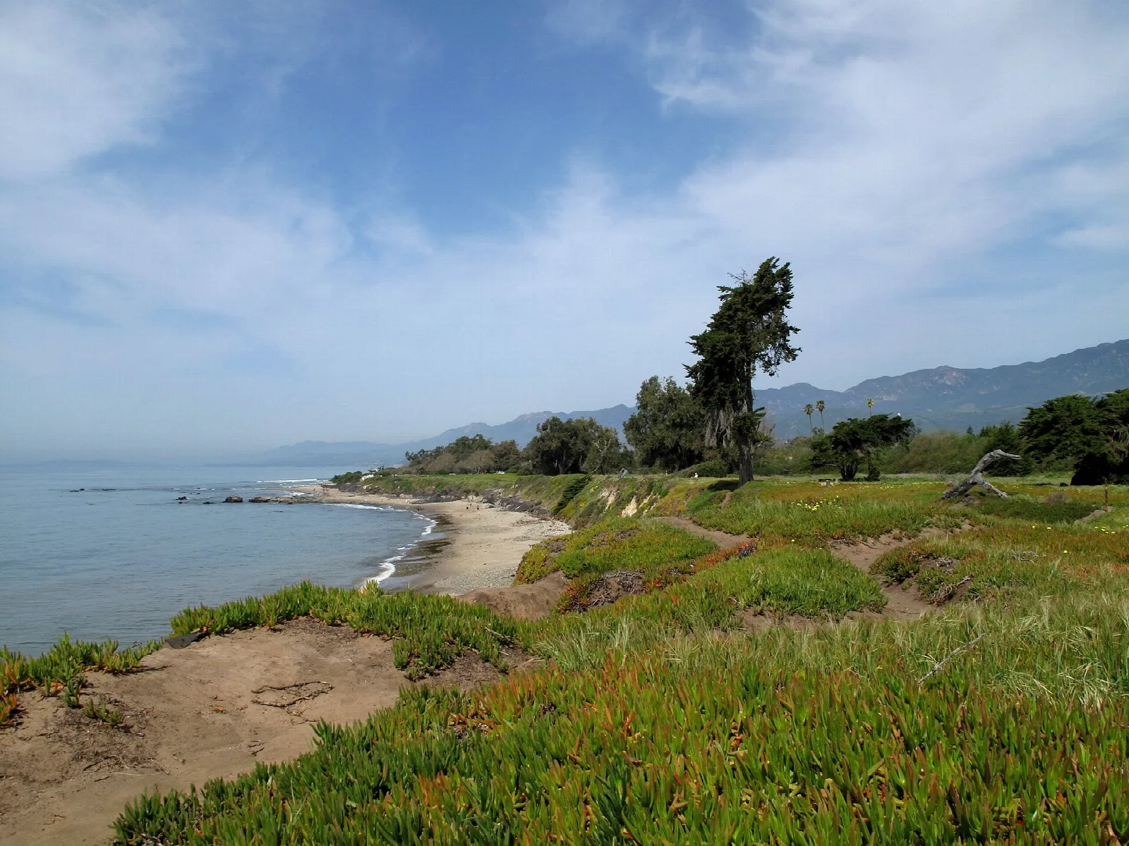 Grassy dune and bluff curving along the blue sea toward distant mountains