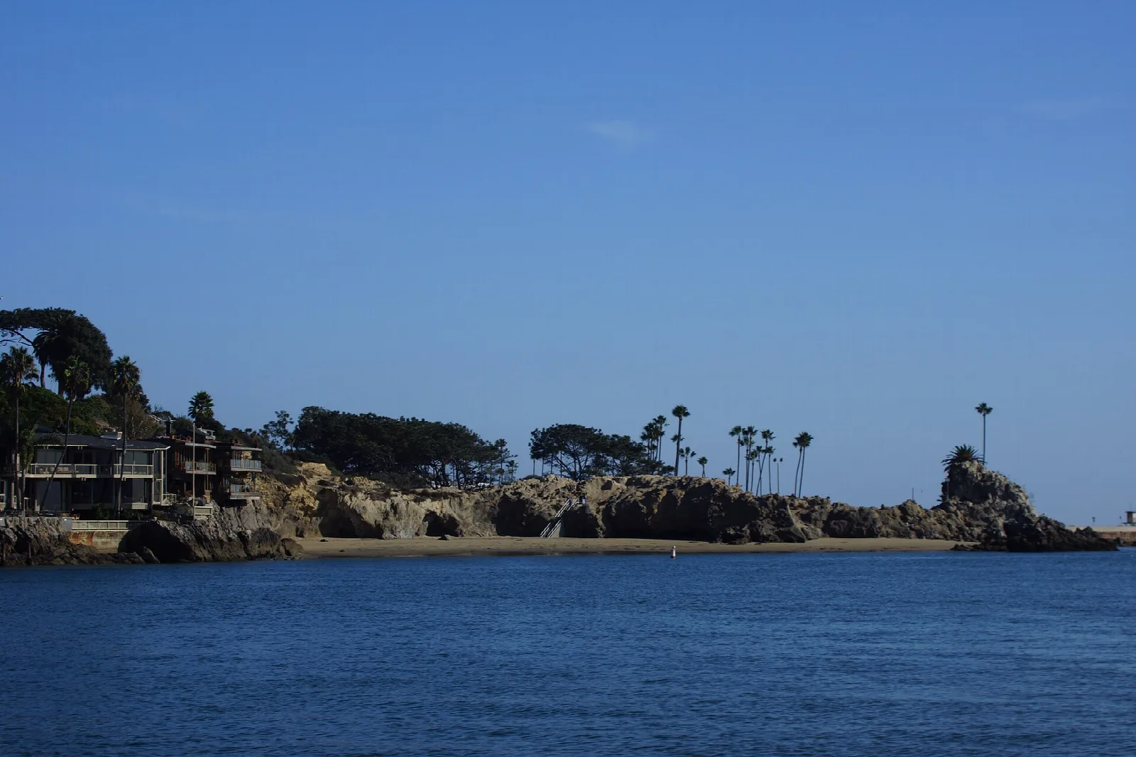 Rocky point with palms and homes beside blue water