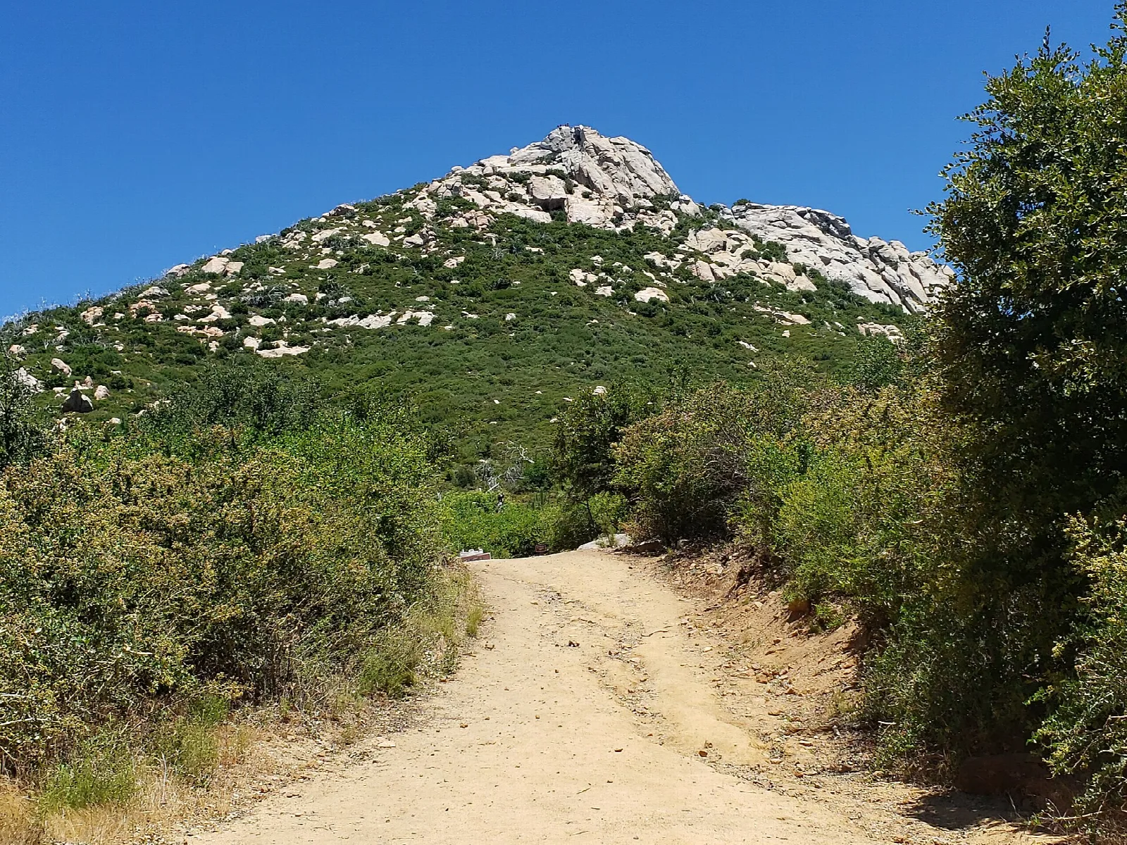 Dirt trail climbing toward a rocky peak with green slopes