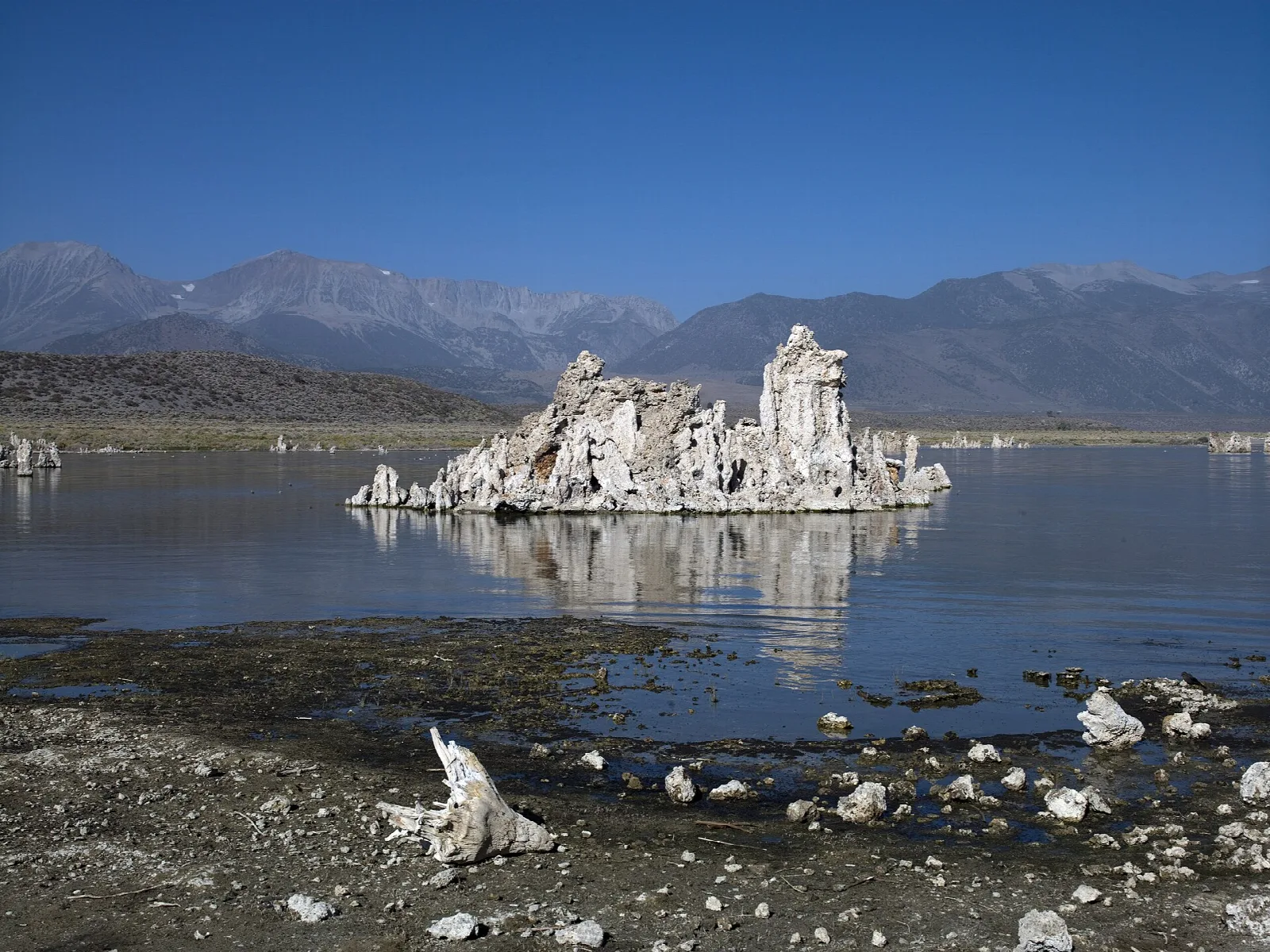 Pale tufa tower standing in still lake water with mountains behind