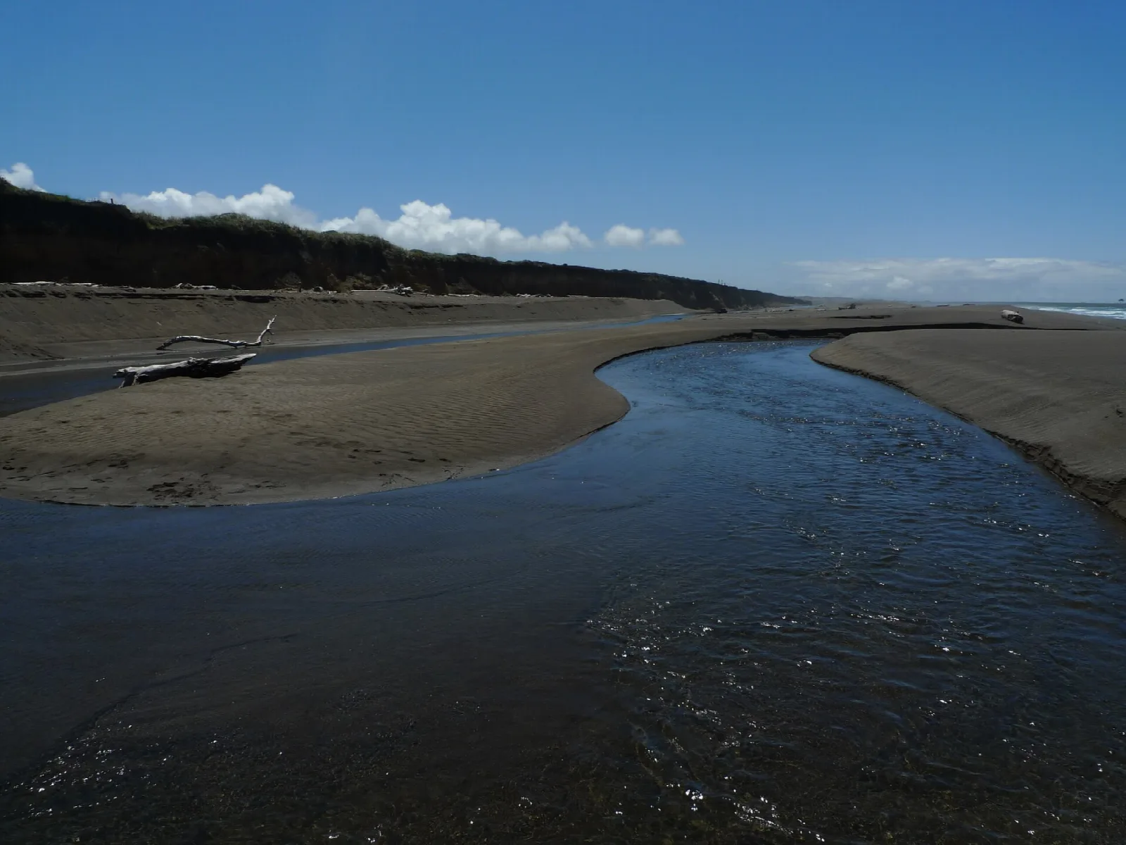 Shallow creek flowing across sand toward the sea