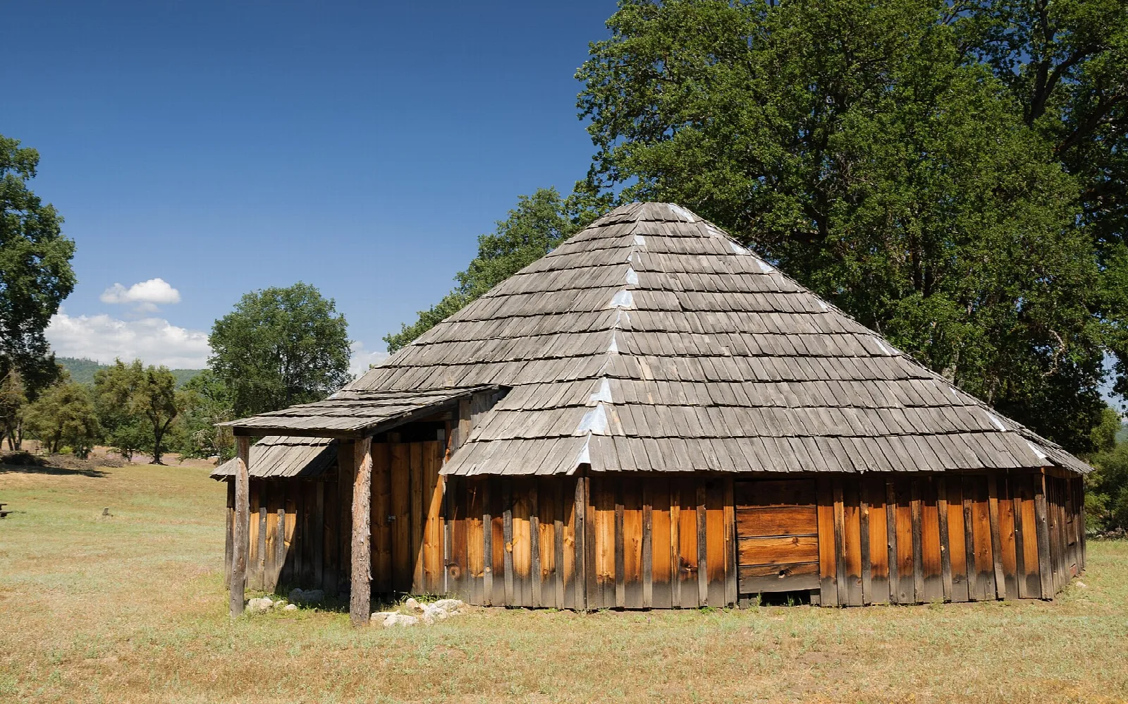 Wooden round house with a cone-shaped shake roof among oak trees