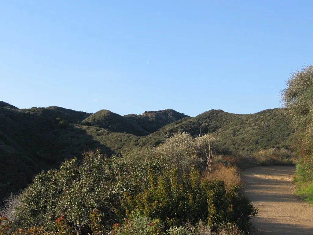 Dirt trail along brushy hills under blue sky