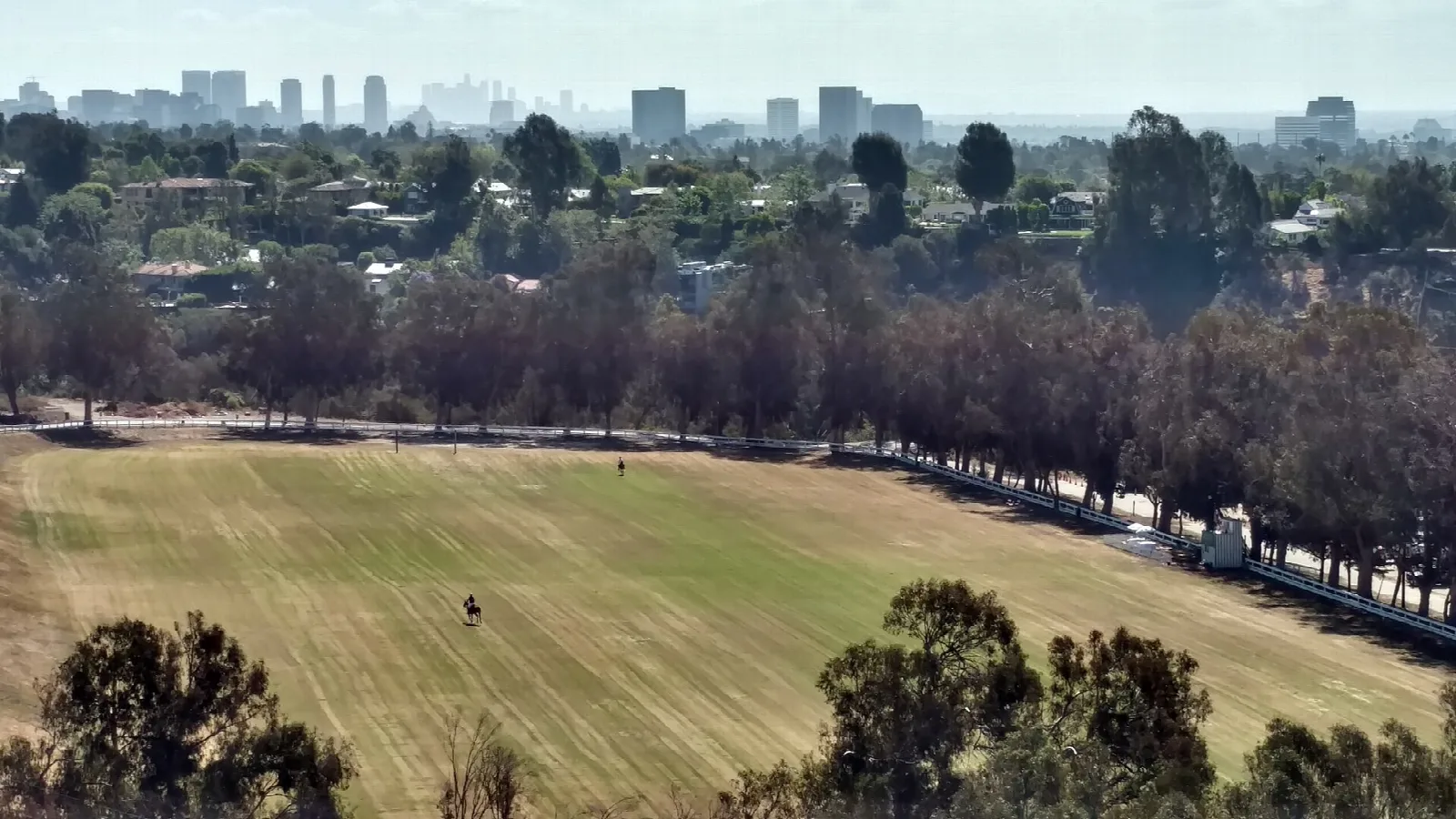 Green polo field with the city skyline in the haze behind