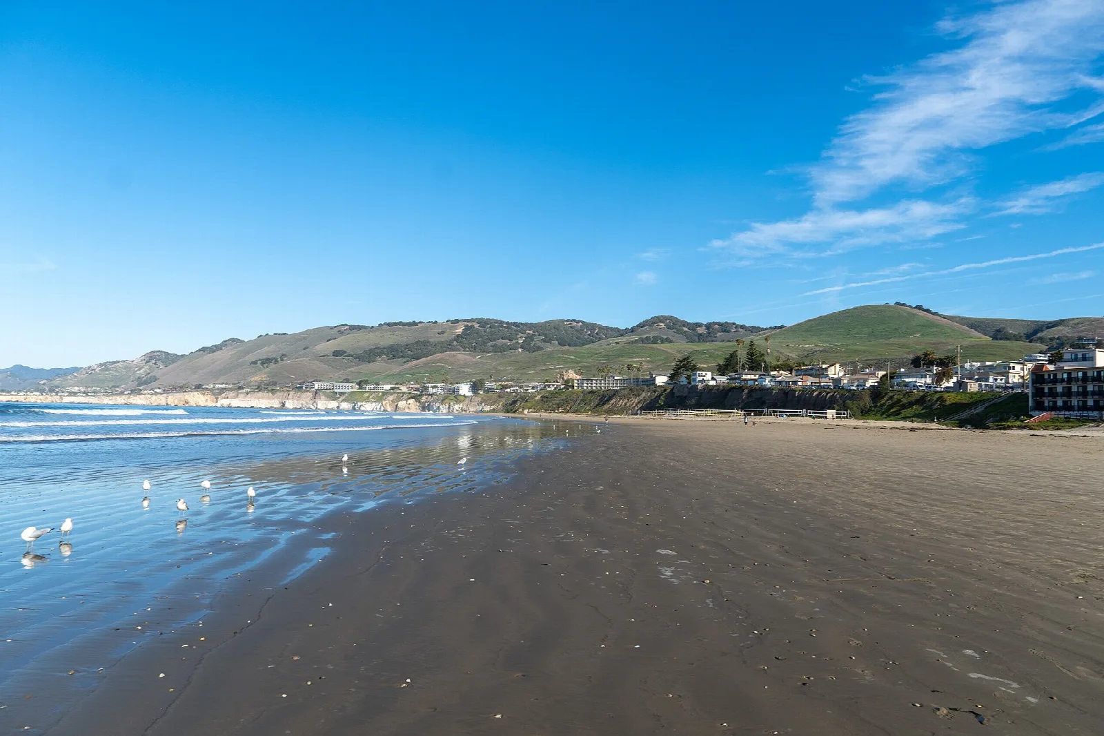 Wide wet sand beach with hills and buildings in the distance, blue sky